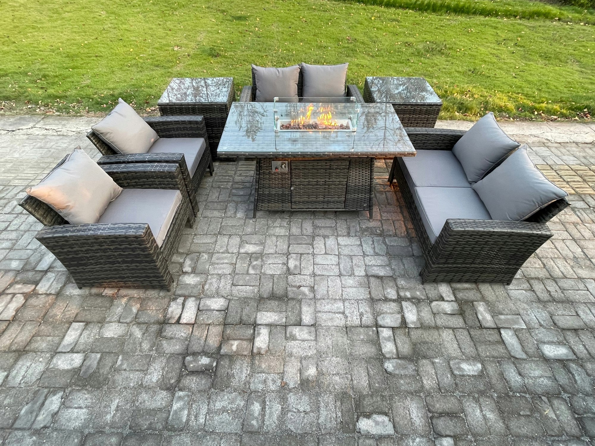 Rackhams Dark/Grey Wicker Pe Rattan Garden Furniture Sets Patio Outdoor Gas Fire Pit Dining Table Heater Set With Double Seat Sofa 2 Side Tables Mixed