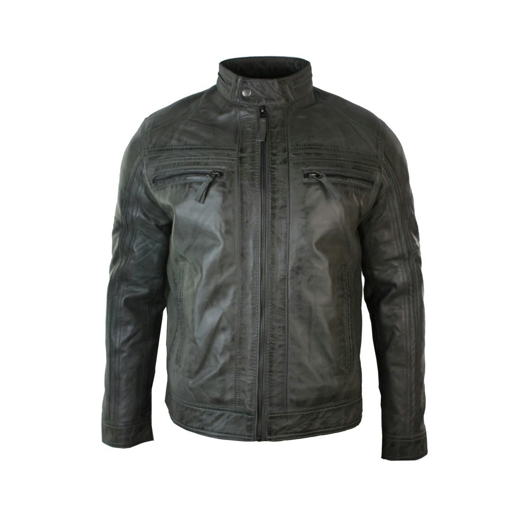 Aviatrix Men's Grey Zipped Biker Jacket Leather Soft - Small