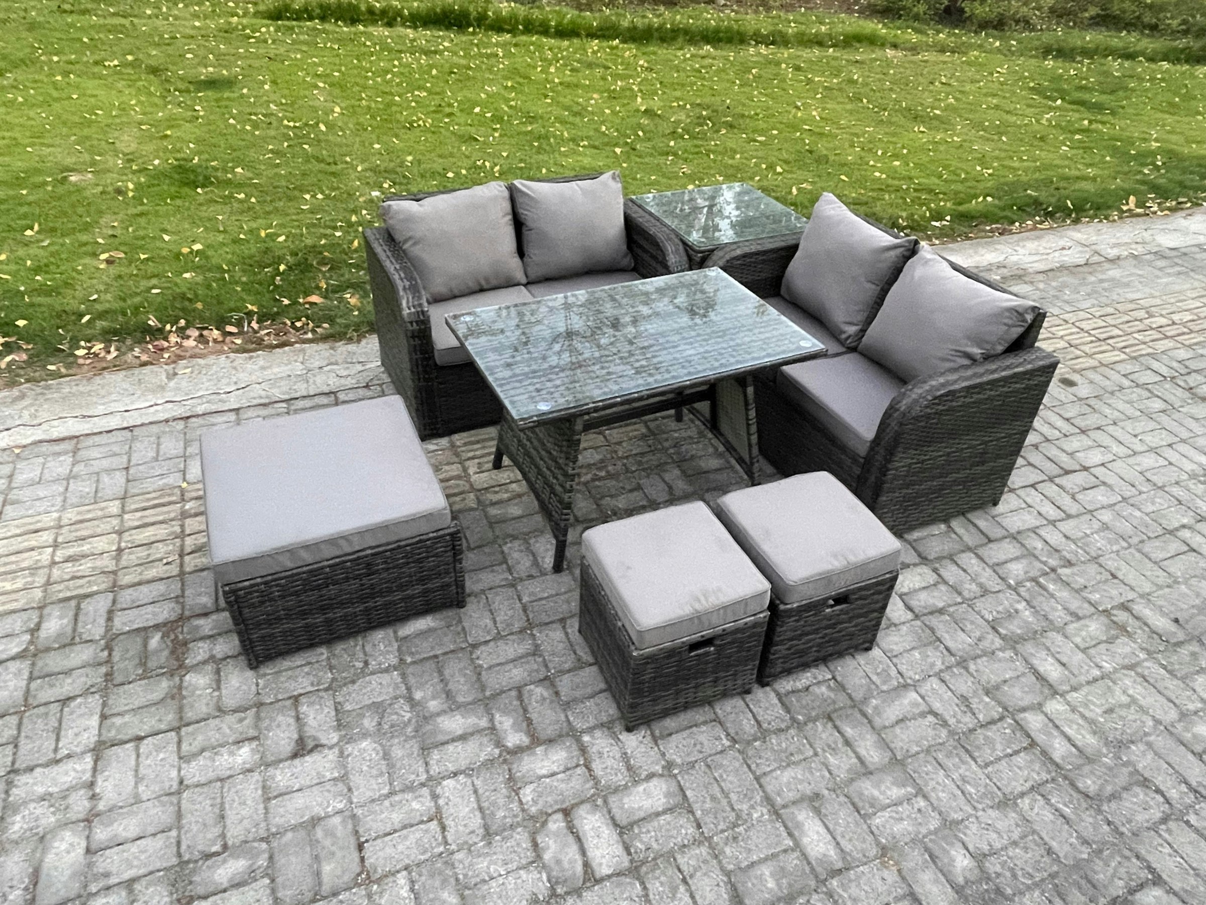 Fimous Dark/Grey 7-Piece Rattan Garden Furniture Set - Mixed Wicker Patio Sofa Conversation Set With 3 Footstools & Side Table