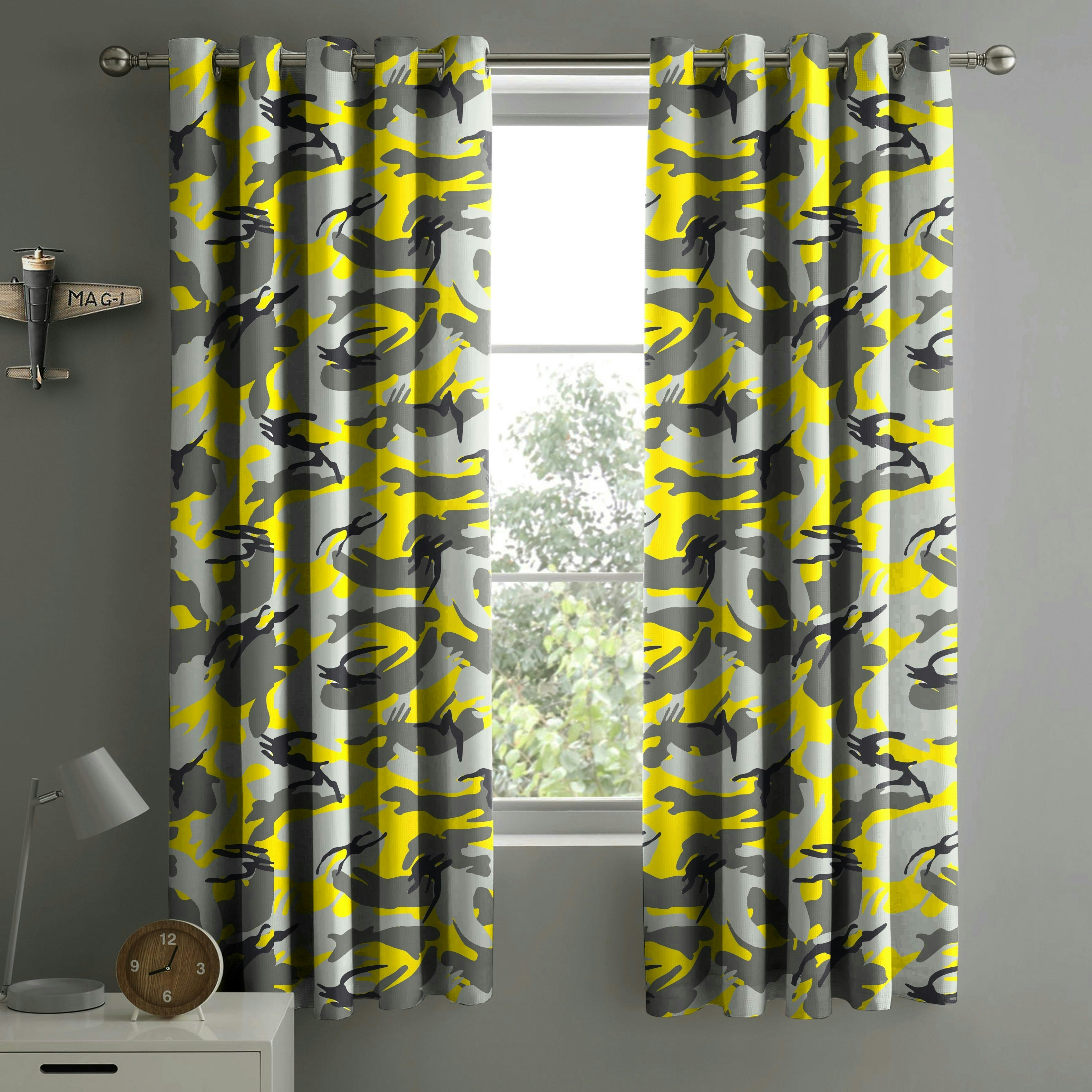 Velosso Yellow Camouflage Eyelet Curtains - 168Cm X 137Cm