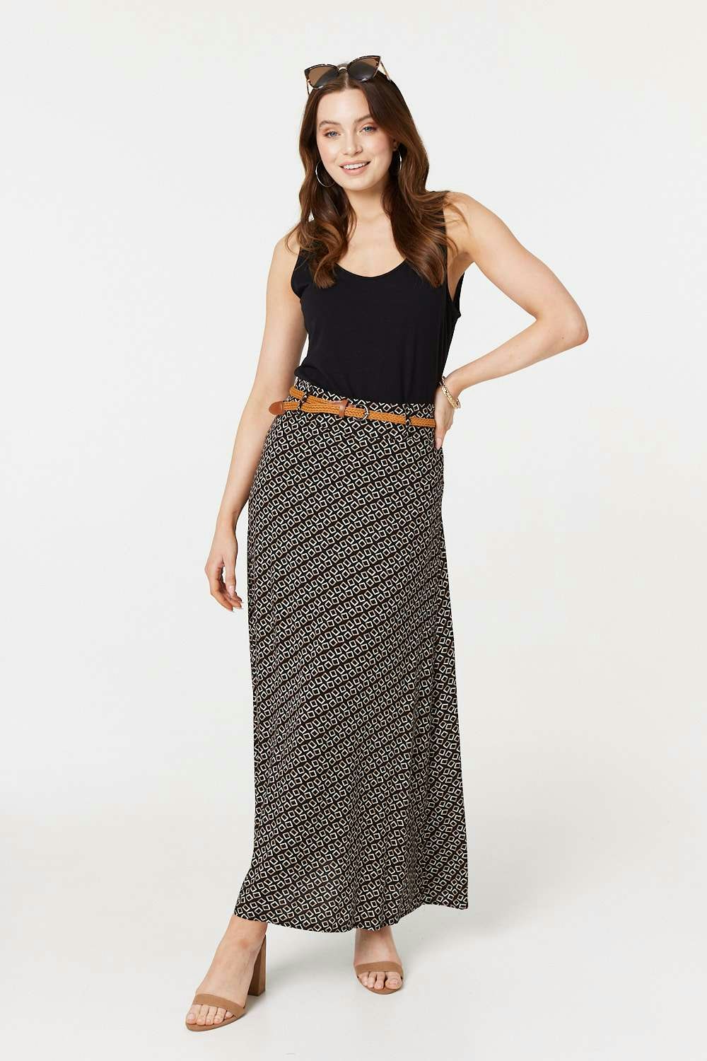 Izabel London Black Printed A-Line Belt Maxi Skirt - 16