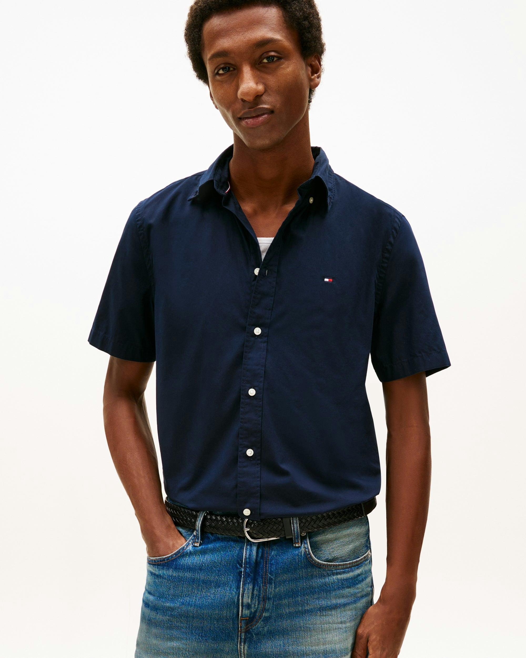 Tommy Hilfiger Men's Blue Core Flex Poplin Solid Short Sleeve Shirt - Navy - Navy - M