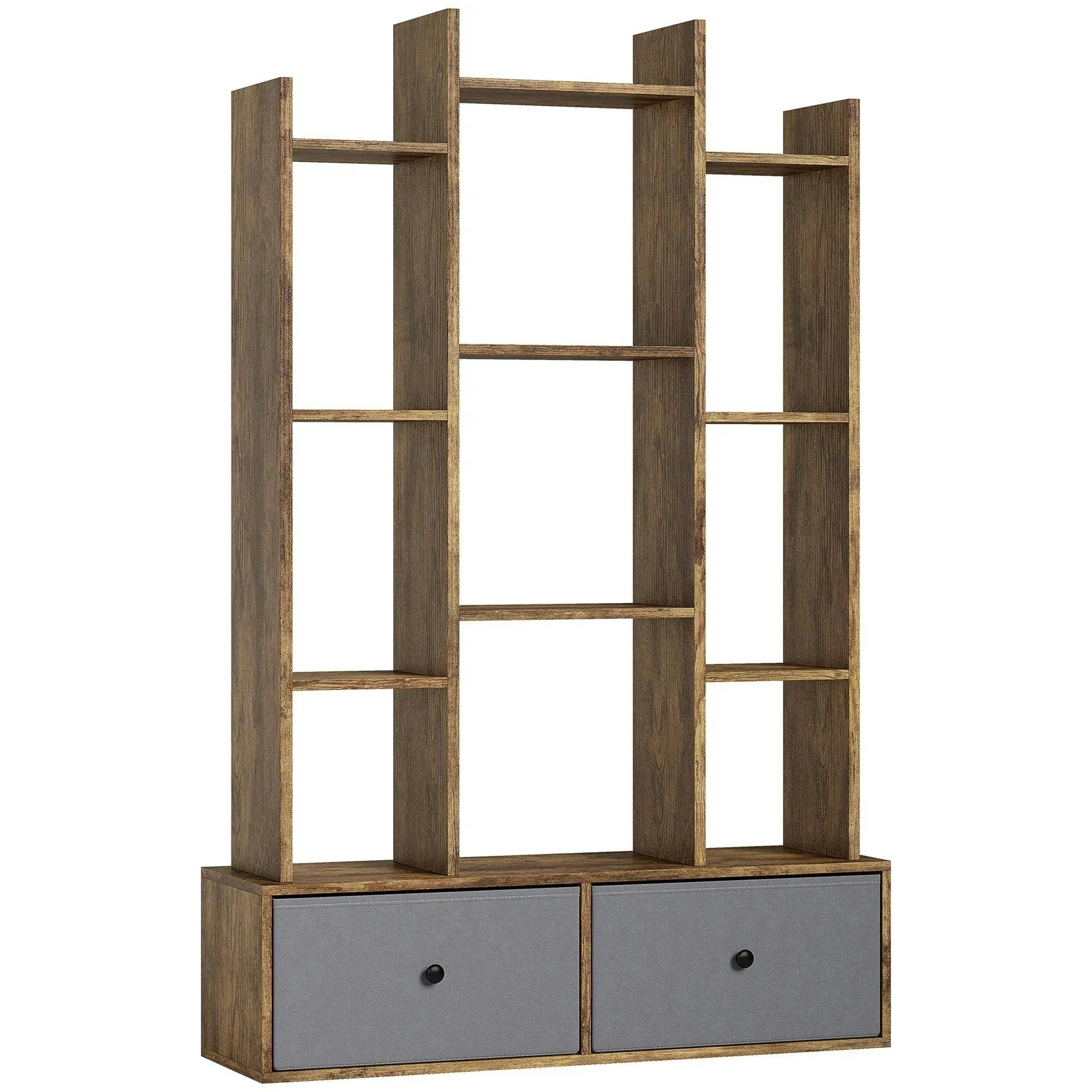 HOMCOM 12-Tier Bookshelf, Bookcase w/ 2 Folding Drawer, Rustic Brown | Size: 120cm x 80cm - Image 6