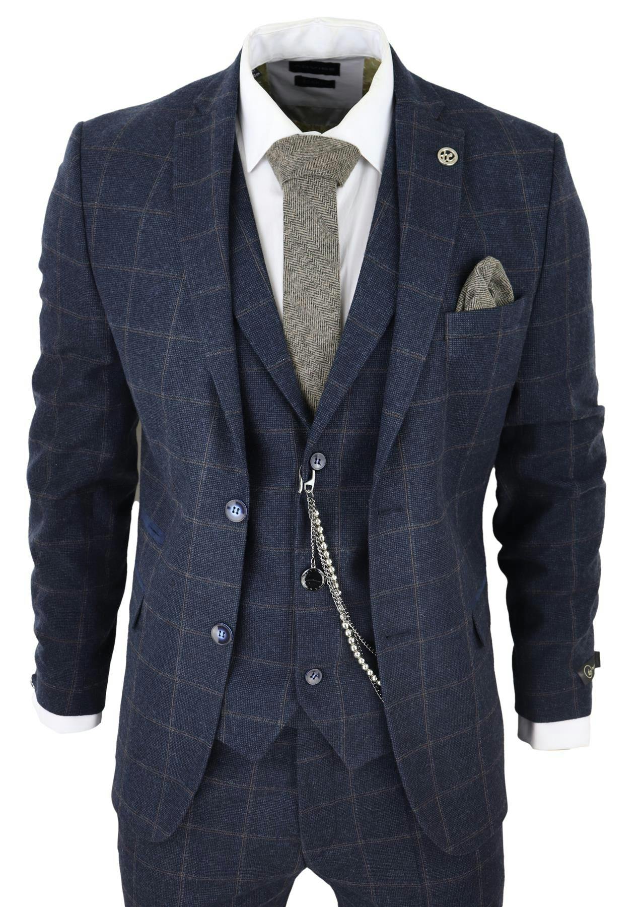 Truclothing Men's Blue 3 Piece Wool Suit Navy Tweed Check Peaky Blinders 1920 Gatsby Formal - Navy - 36" Jacket 30" Trousers