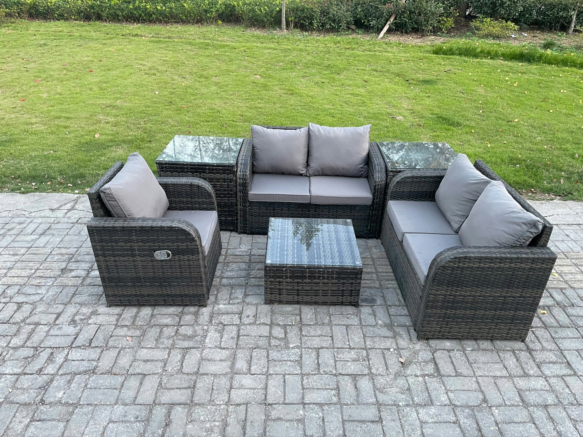 Rackhams Dark/Grey 6 Piece Garden Furniture Sets 5 Seater Outdoor Patio Furniture Set Weaving Wicker Rattan Sofa Chair And Table With 2 Side Tables
