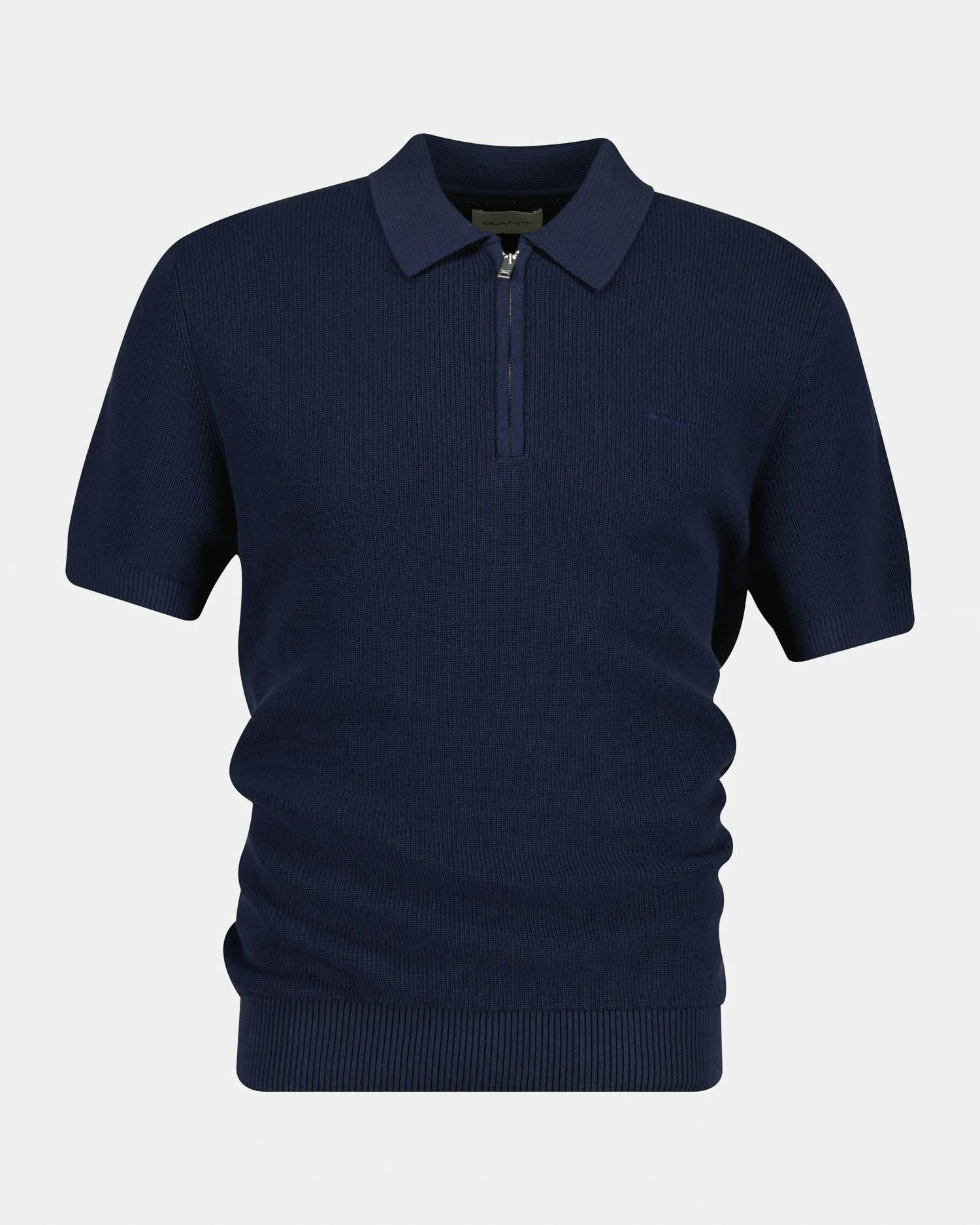 Gant Men's Blue Cotton Rib Half Zip Polo Shirt - 433 Evening - 433 Evening - Xl