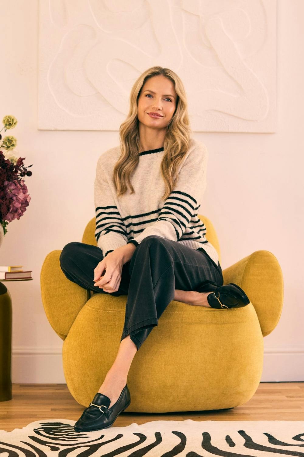 Izabel London Cream Striped Drop Shoulder Textured Jumper - M