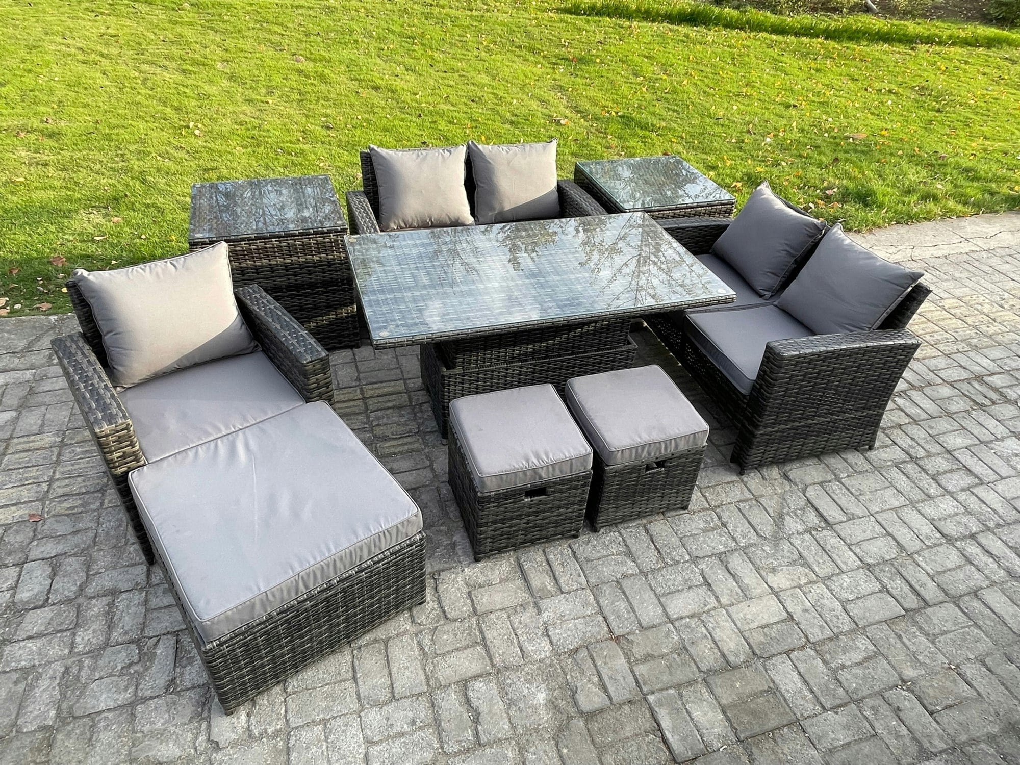 Rackhams Dark/Grey 8 Seater Rattan Outdoor Furniture Set - Mixed With Height Adjustable Rising Table, Sofa & 2 Side Tables