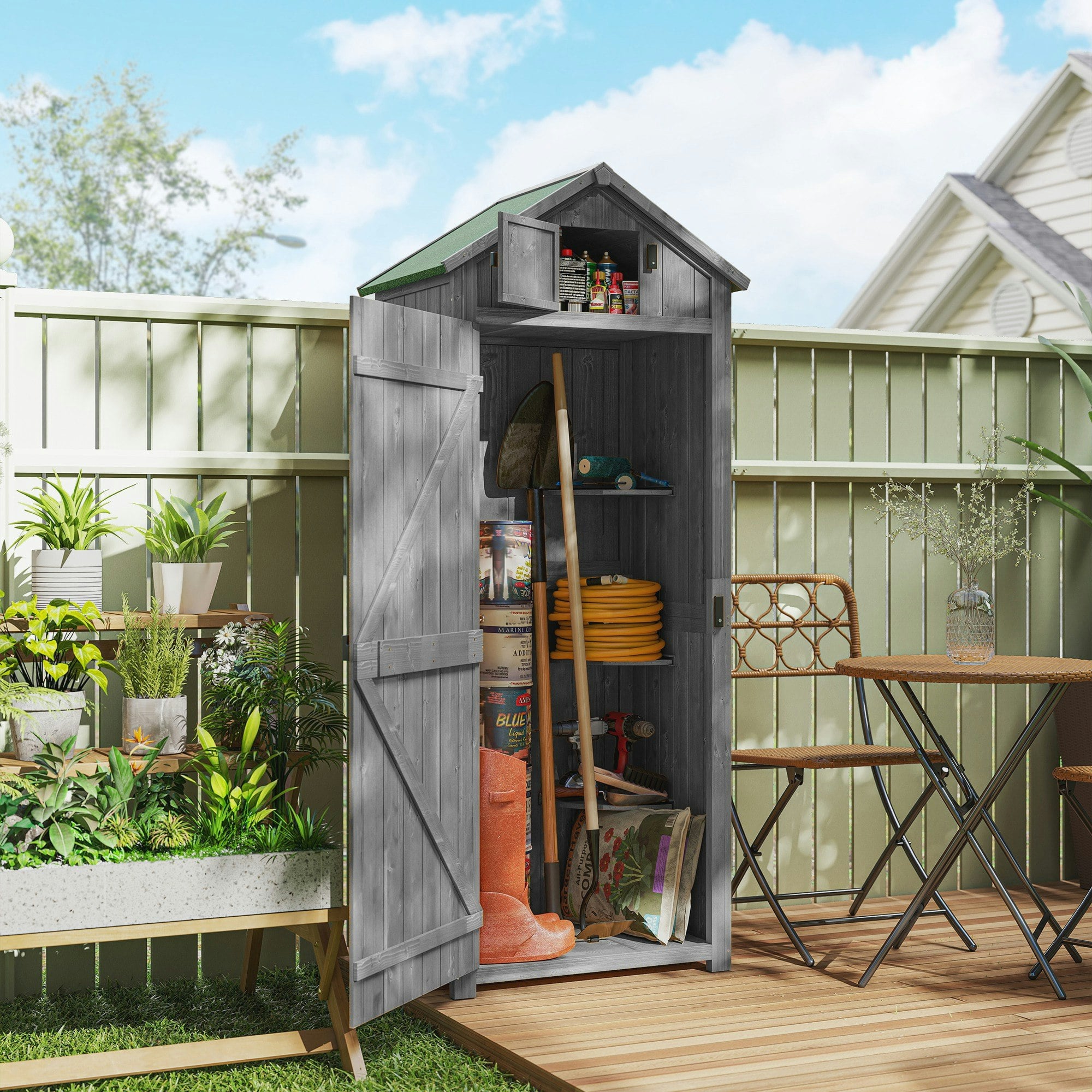 Rackhams Grey Wooden Garden Storage Shed Tool Storage Box, 77 X 54 X 179 Cm,