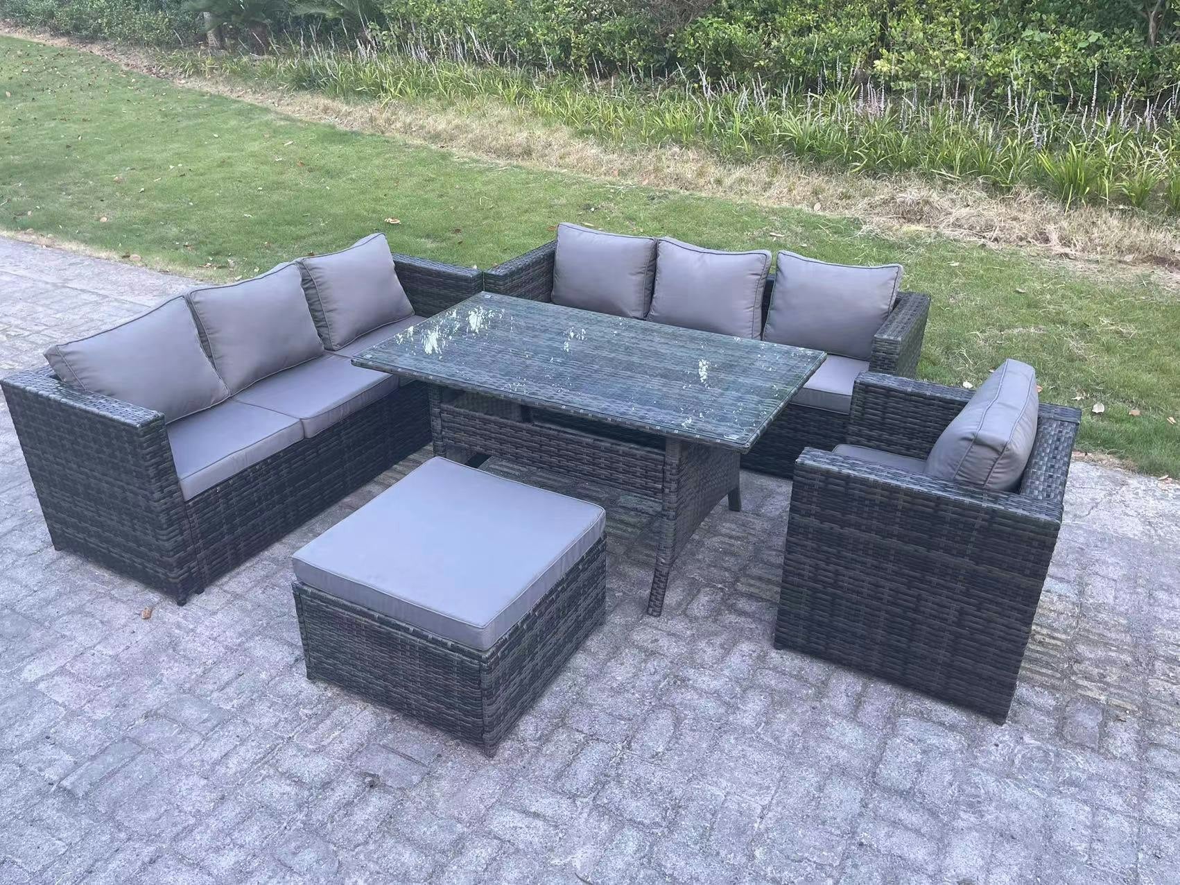 Rackhams Dark/Grey 8 Seater Outdoor Lounge Sofa Garden Furniture Set Patio Rattan Rectangular Dining Table Chair With Big Footstool Mixed