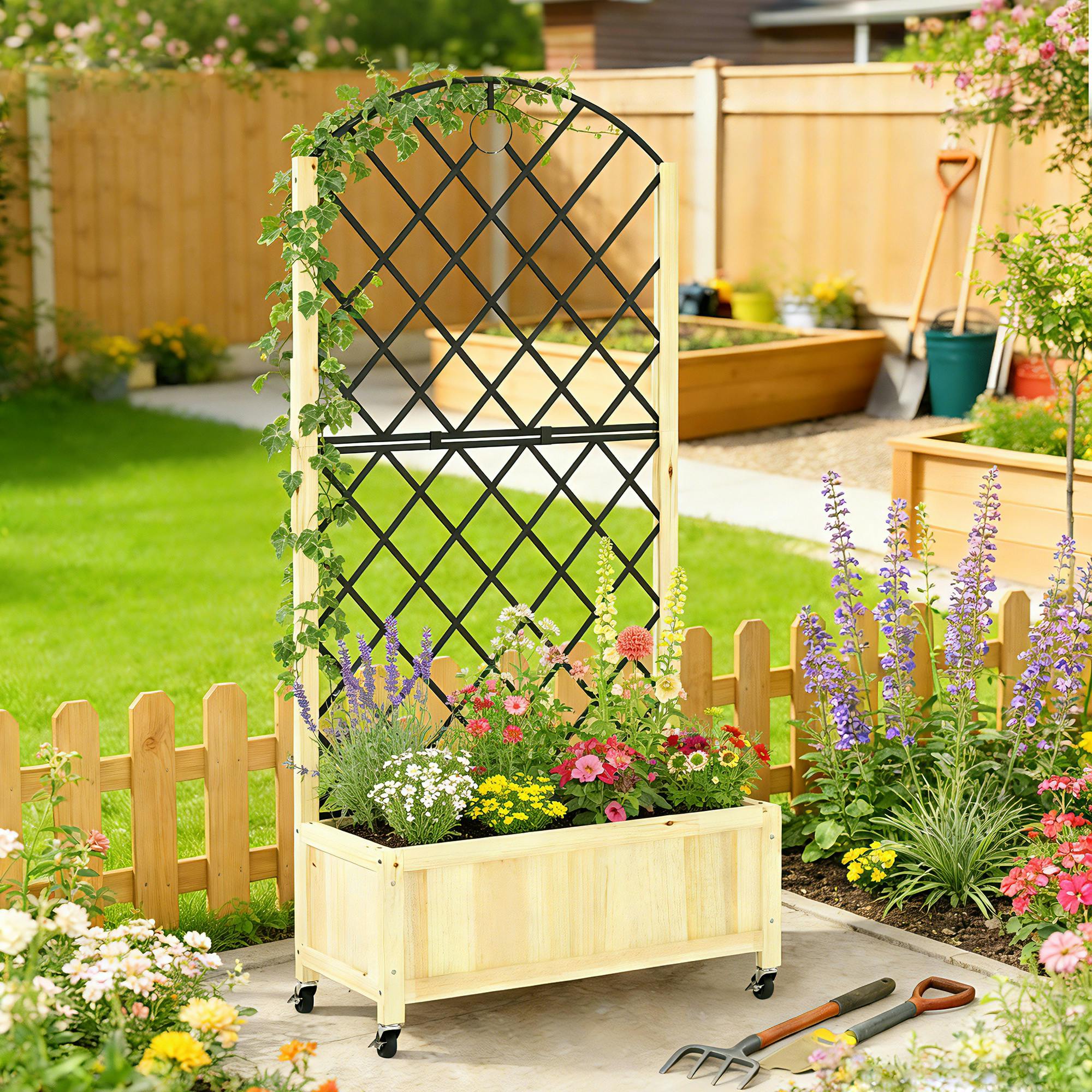 Outsunny Brown Garden Bed W/Metal Trellis, Wooden Elevated Planter Box - 72W X 36D X 168H Cm