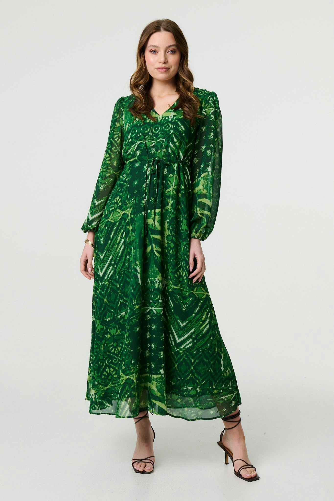 Izabel London Green Printed Semi Sheer Empire Maxi Dress - 8