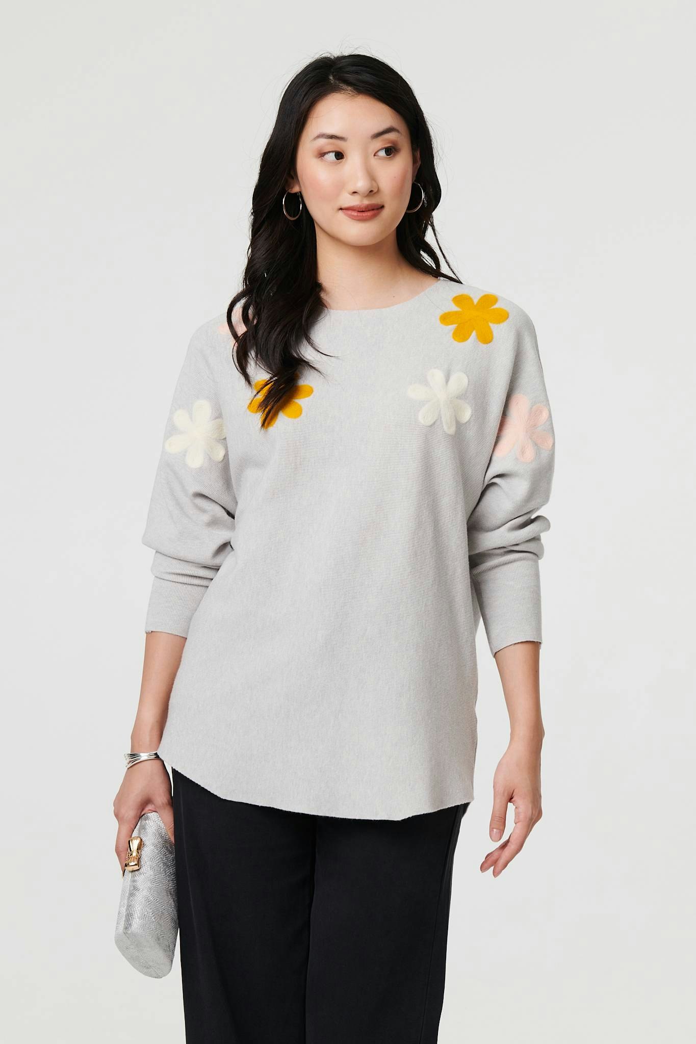 Izabel London Grey Floral Embellished Batwing Sleeve Jumper - S/M