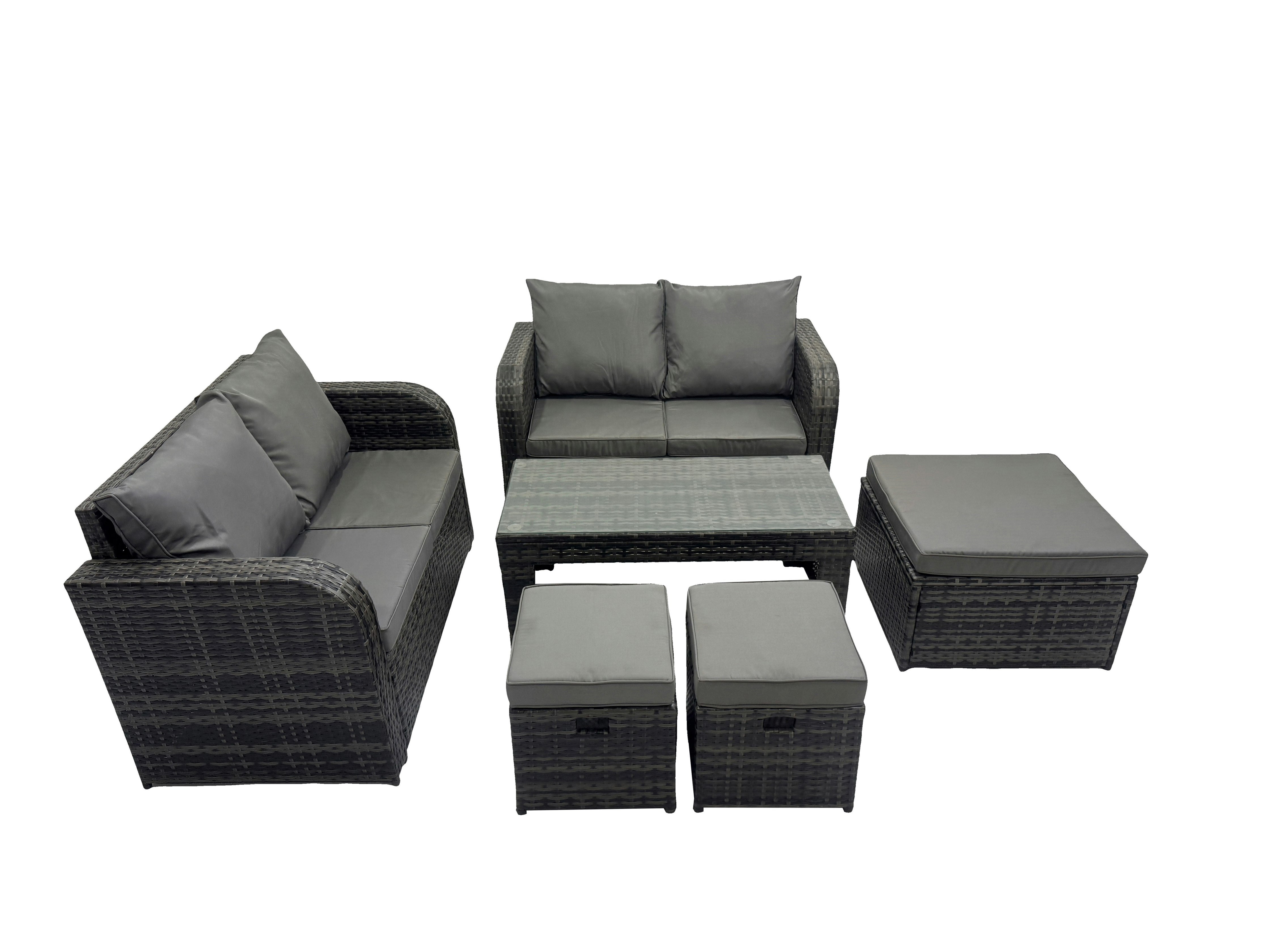 Fimous Dark/Grey 3 Seater Sofa Reclining Chair Coffee Table Set Rattan Garden Outdoor Furniture Set With 3 Stools Mixed