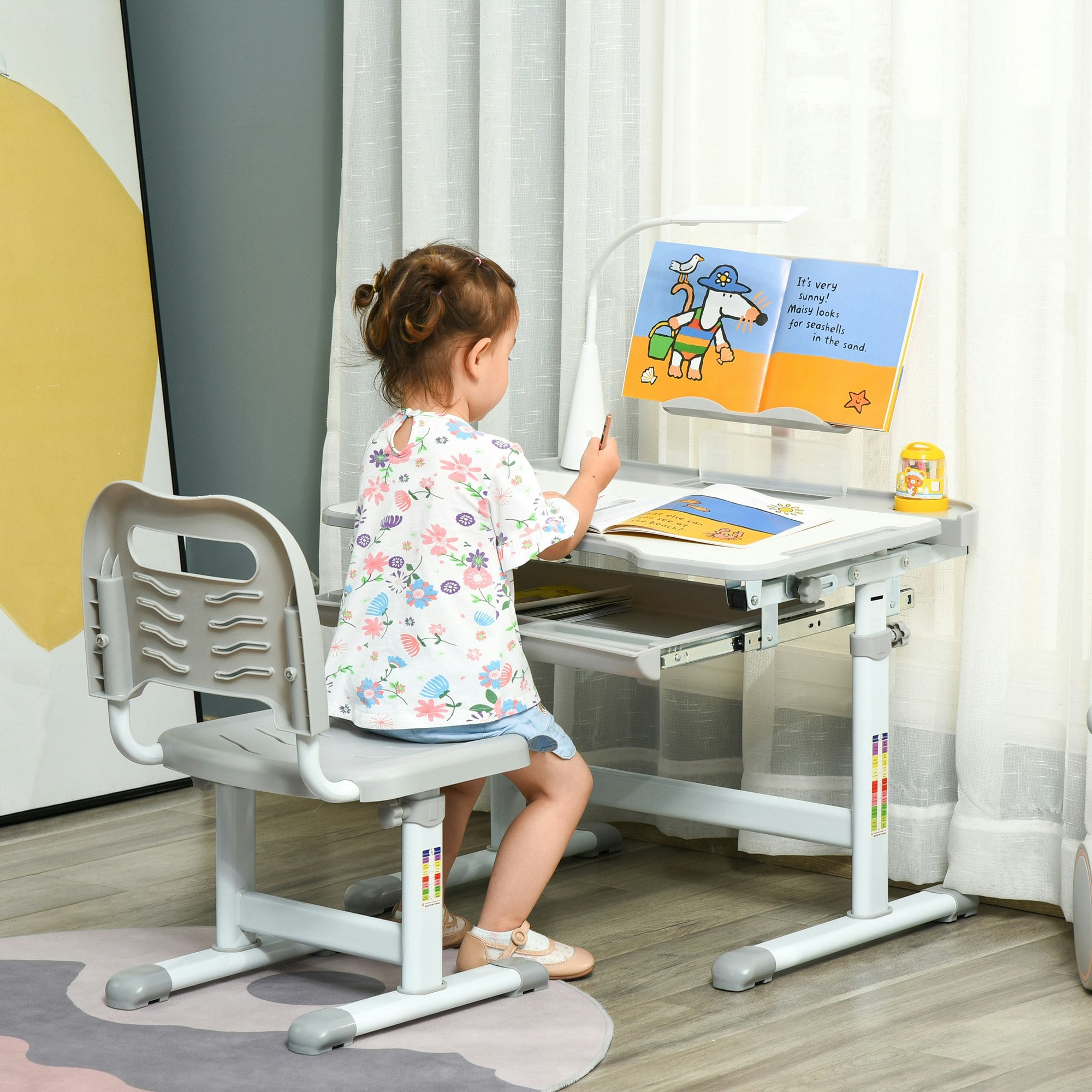 Rackhams Grey/White Kids Desk And Chair Set, Height Adjustable Study Desk With Usb Lamp, Storage Drawer For Study, And