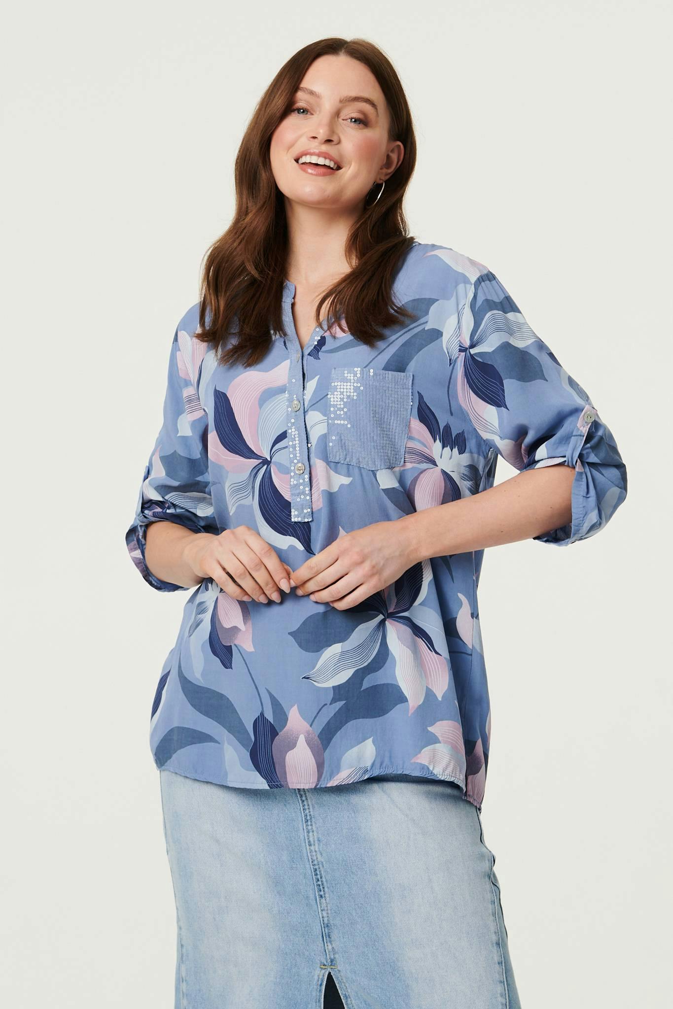 Izabel London Blue Sequin Trim Floral Relaxed Blouse - 14
