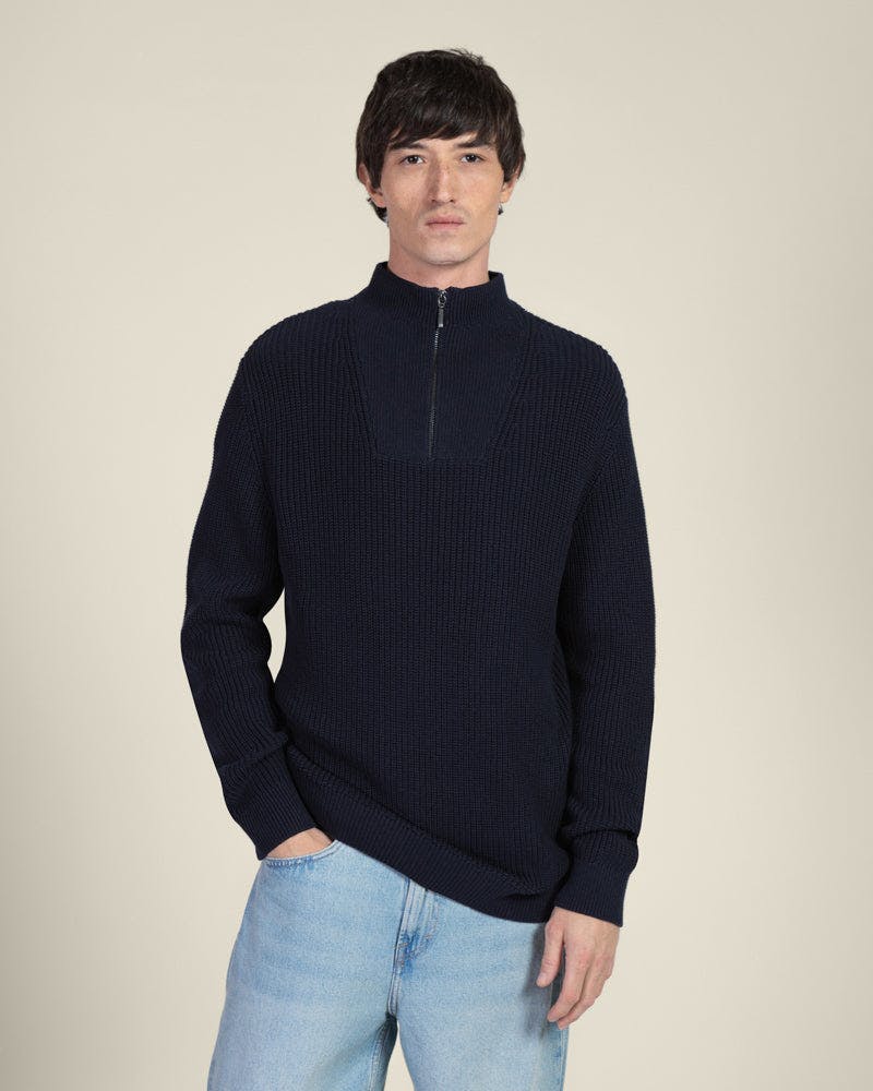 Larsson & Co Rib Panel Knitted 1/4 Zip Sweater - L - Navy