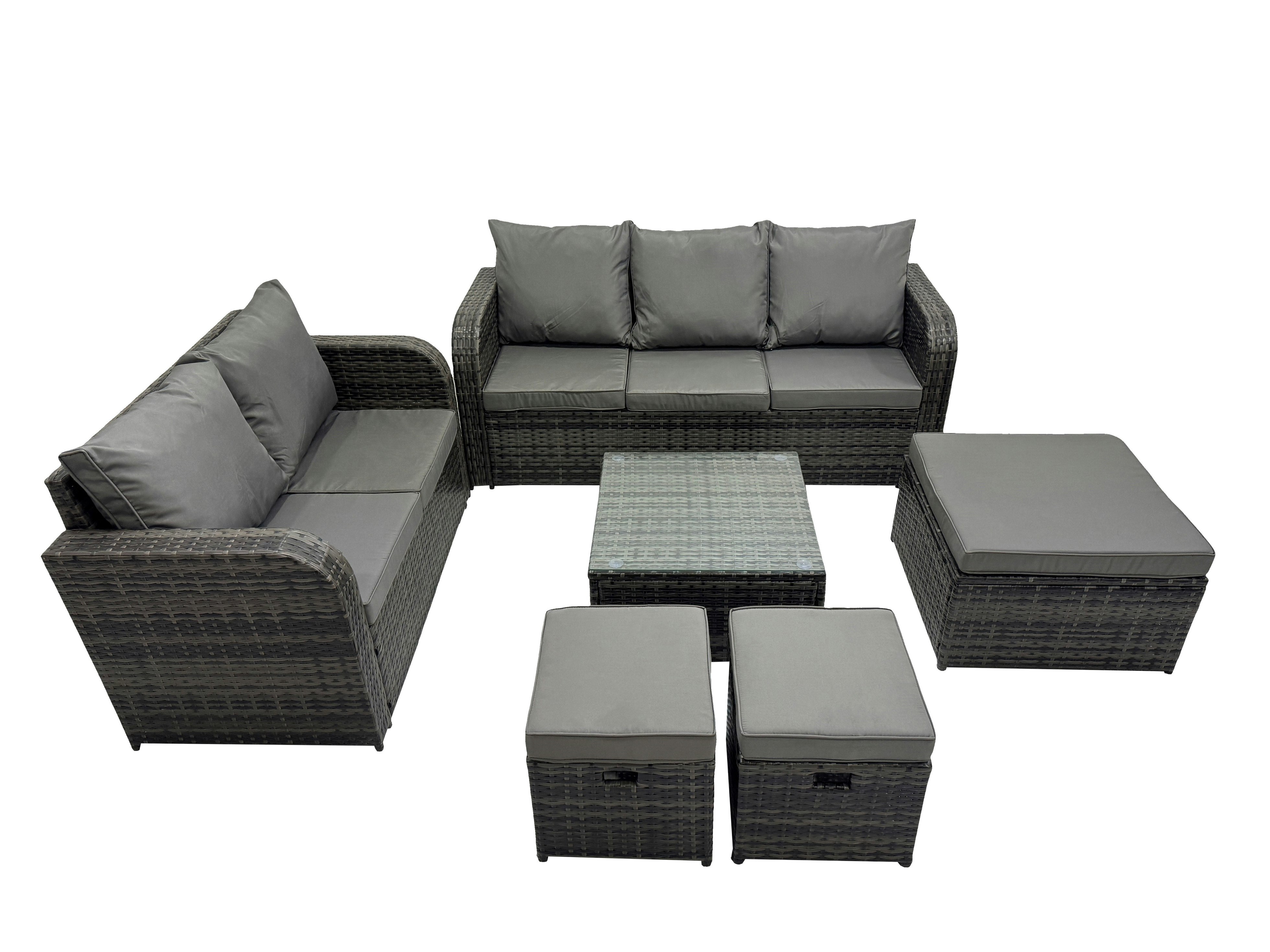 Rackhams Dark/Grey Wicker Pe Rattan Garden Outdoor Furniture Set Love Sofa Square Coffee Table Set With 3 Stools Mixed