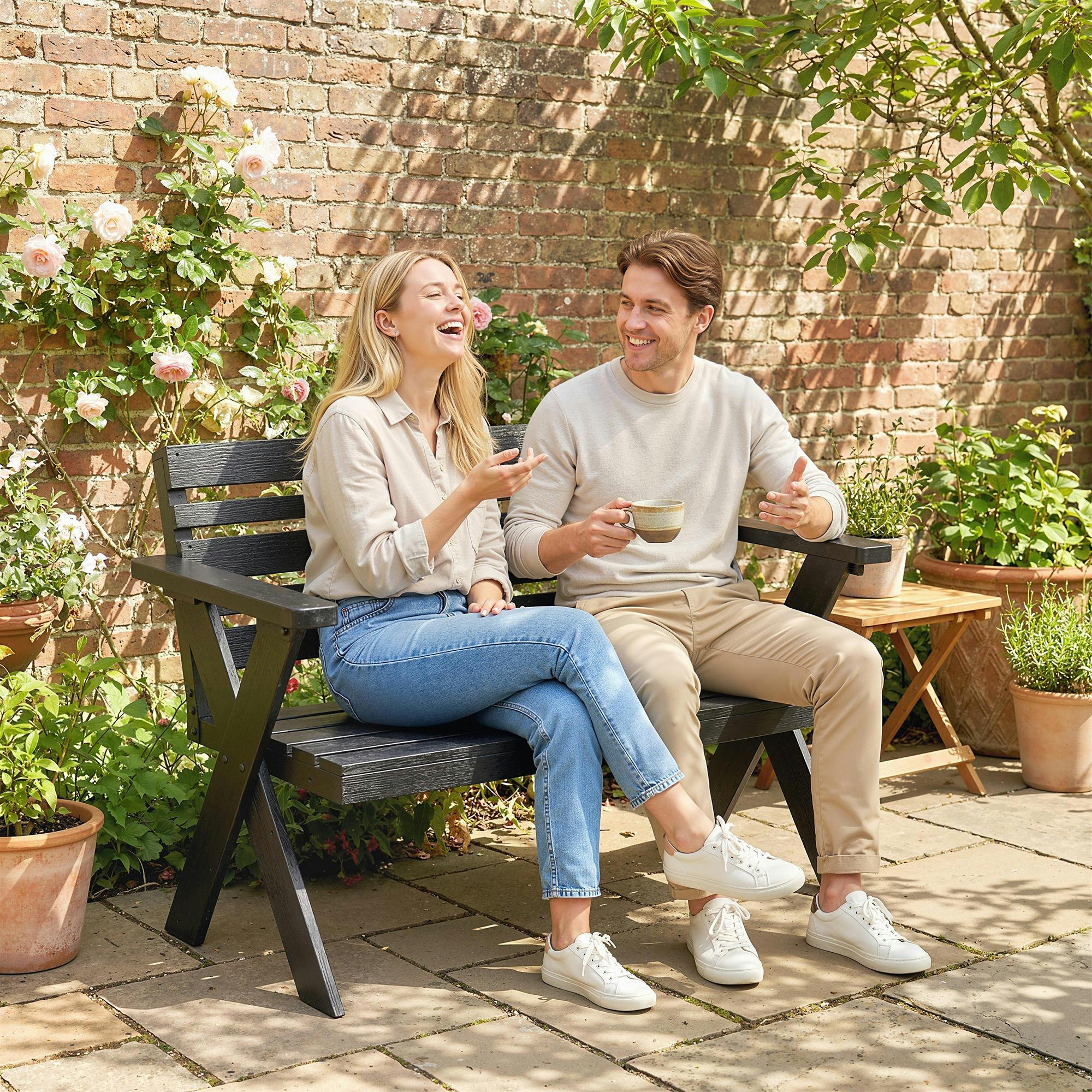 Rackhams Black 2 Seater Wood Garden Bench, Slatted Patio Bench With Armrest - Fir Wood - Garden Bench