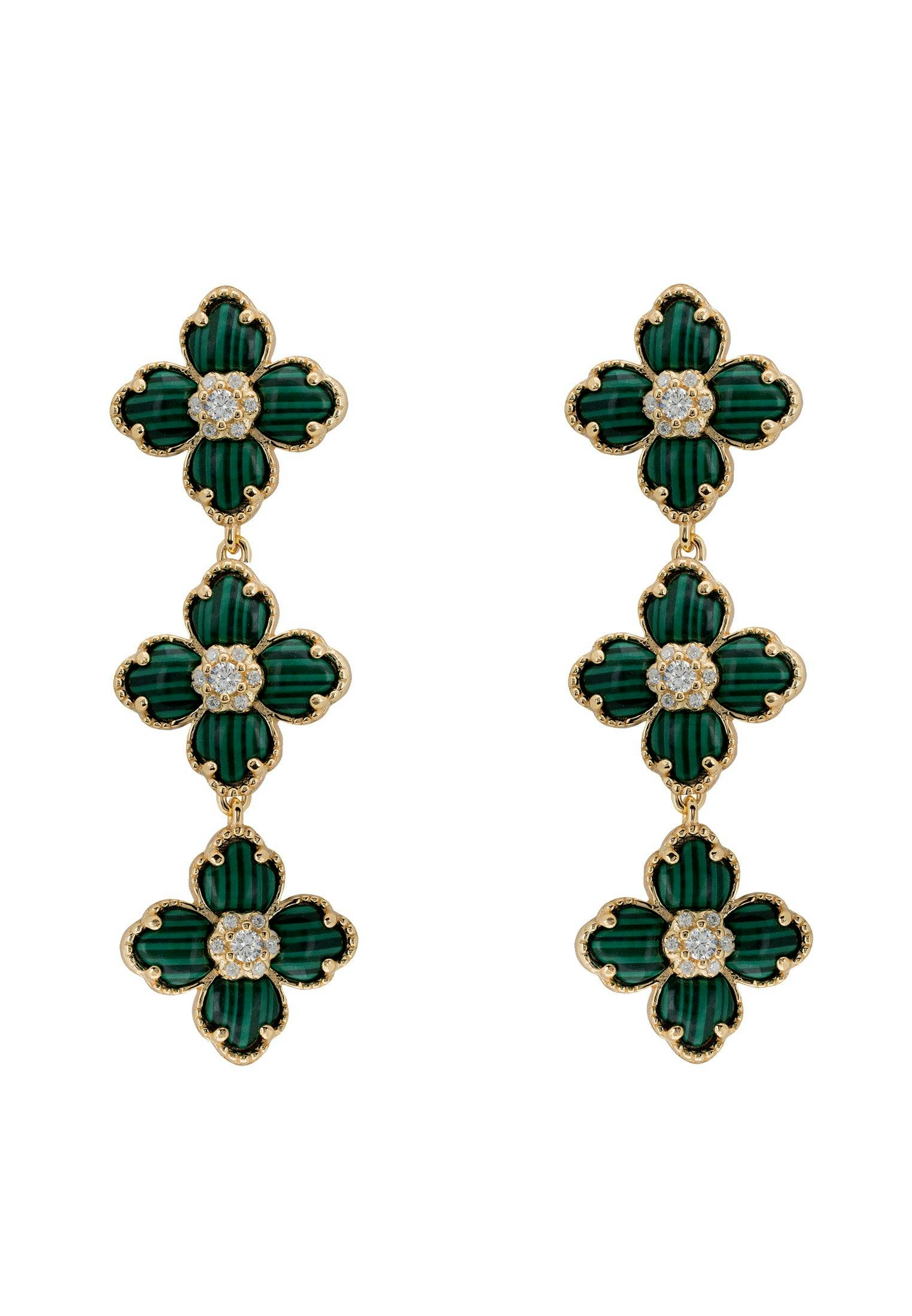 Latelita Gold Flower Clover Triple Drop Earrings Malachite