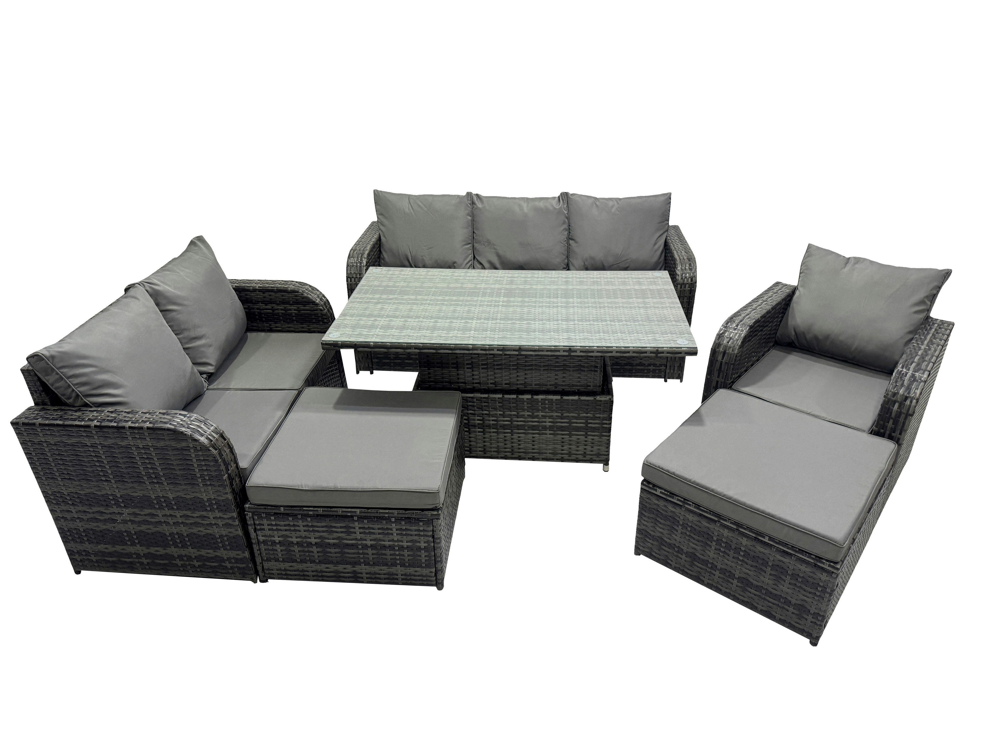 Fimous Dark/Grey Rattan Garden Furniture Dining Set 8 Seater Patio Height Adjustable Rising Lifting Table Sofa Set With 2 Big Footstool Mixed