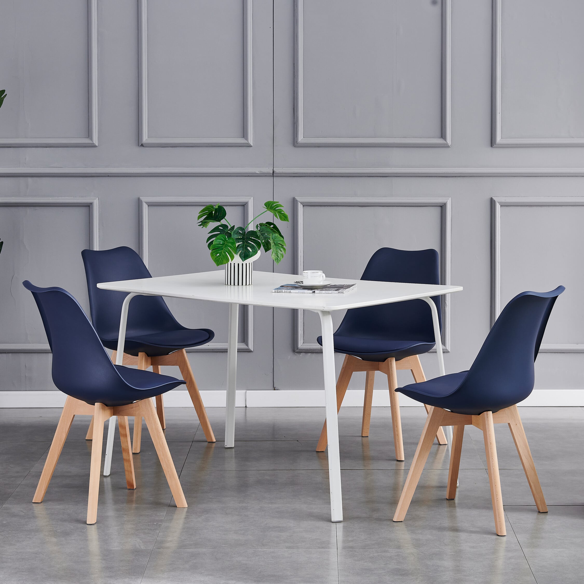 Rackhams Blue Set Of 4 Dining Chairs With Solid Wooden Legs And Seat Cushion Pads Eva