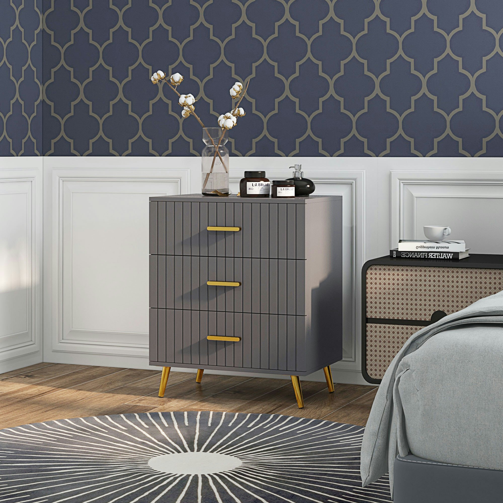 Rackhams Dark/Grey Bedroom Chest Of Drawers, 3-Drawer Dresser With Aluminium Legs - 3