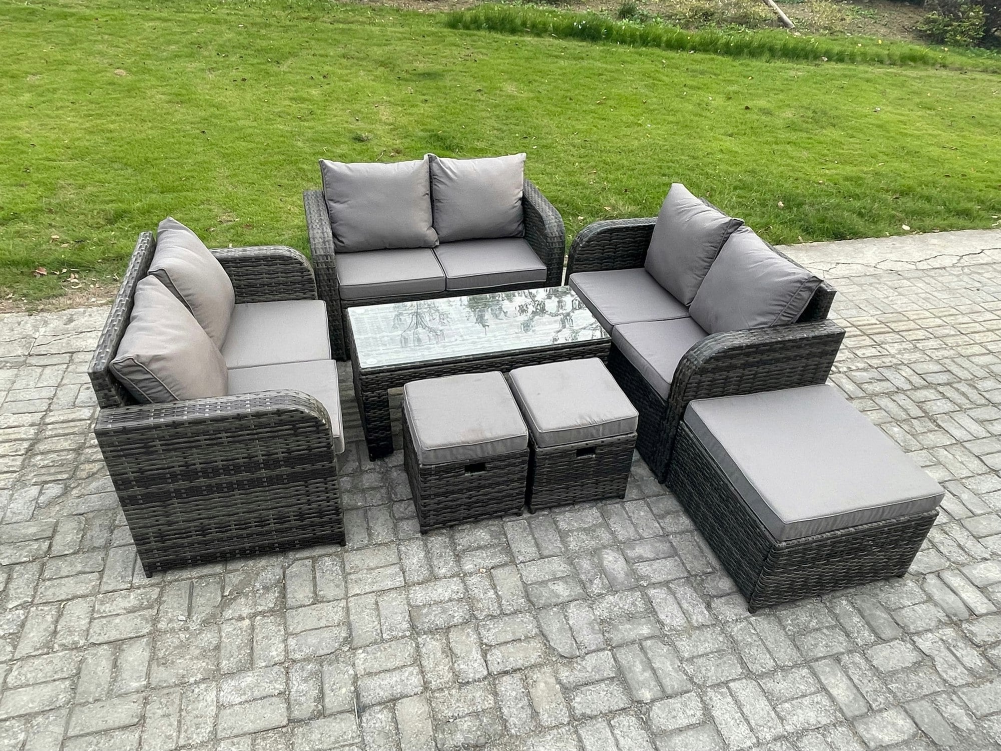 Fimous Dark/Grey Outdoor Garden Furniture Sets 7 Pieces Wicker Rattan Furniture Sofa Sets With Rectangular Coffee Table Love Seat Sofa 3 Footstools