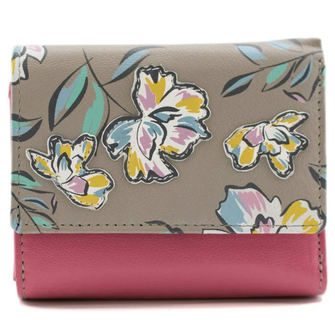 Mala Leather Pink Zinnia Flower Floral Leather Trifold Purse