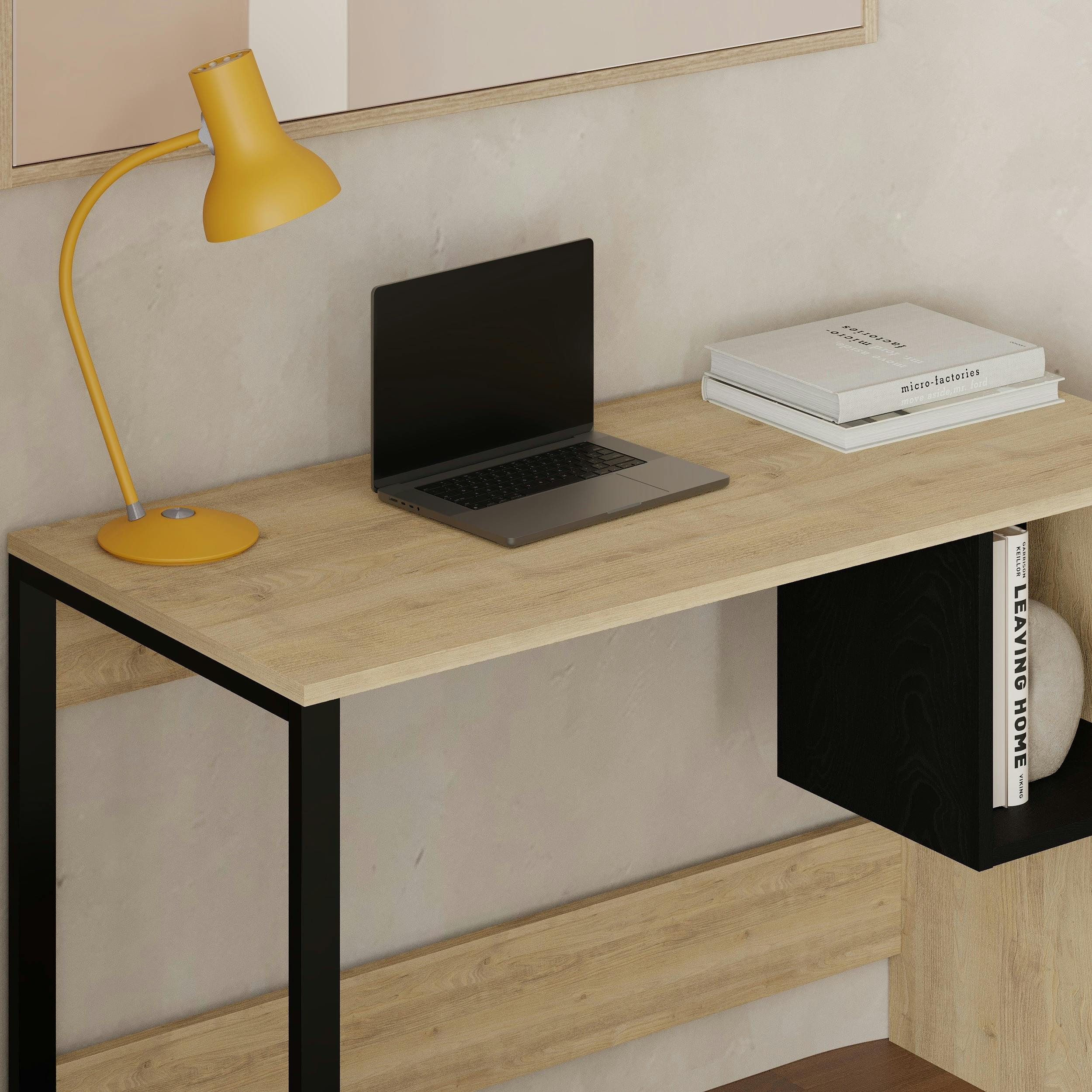 Decortie Black Model-4 110(W)Cm Computer Desk Oak, Wood Workstation Pc Work Table Office Gaming Desk Shelf With Metal Leg - Oak