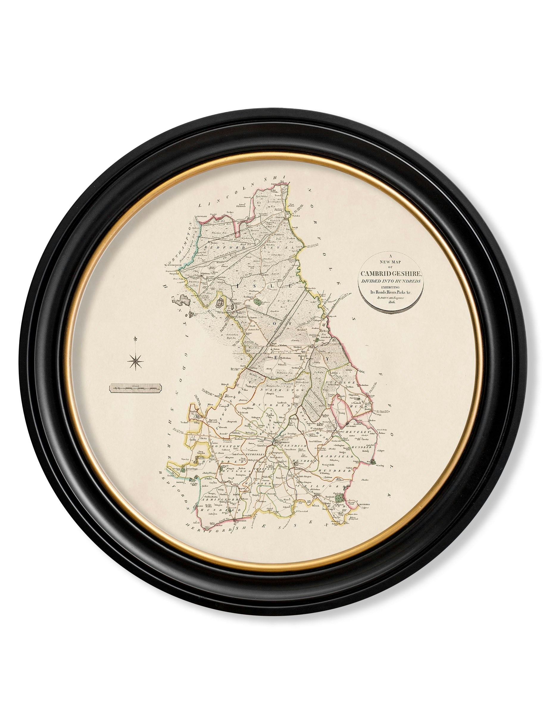 Exceptional Art Black C.1806 County Maps Of England - Round - 70 X 70Cm - Cambridgeshire