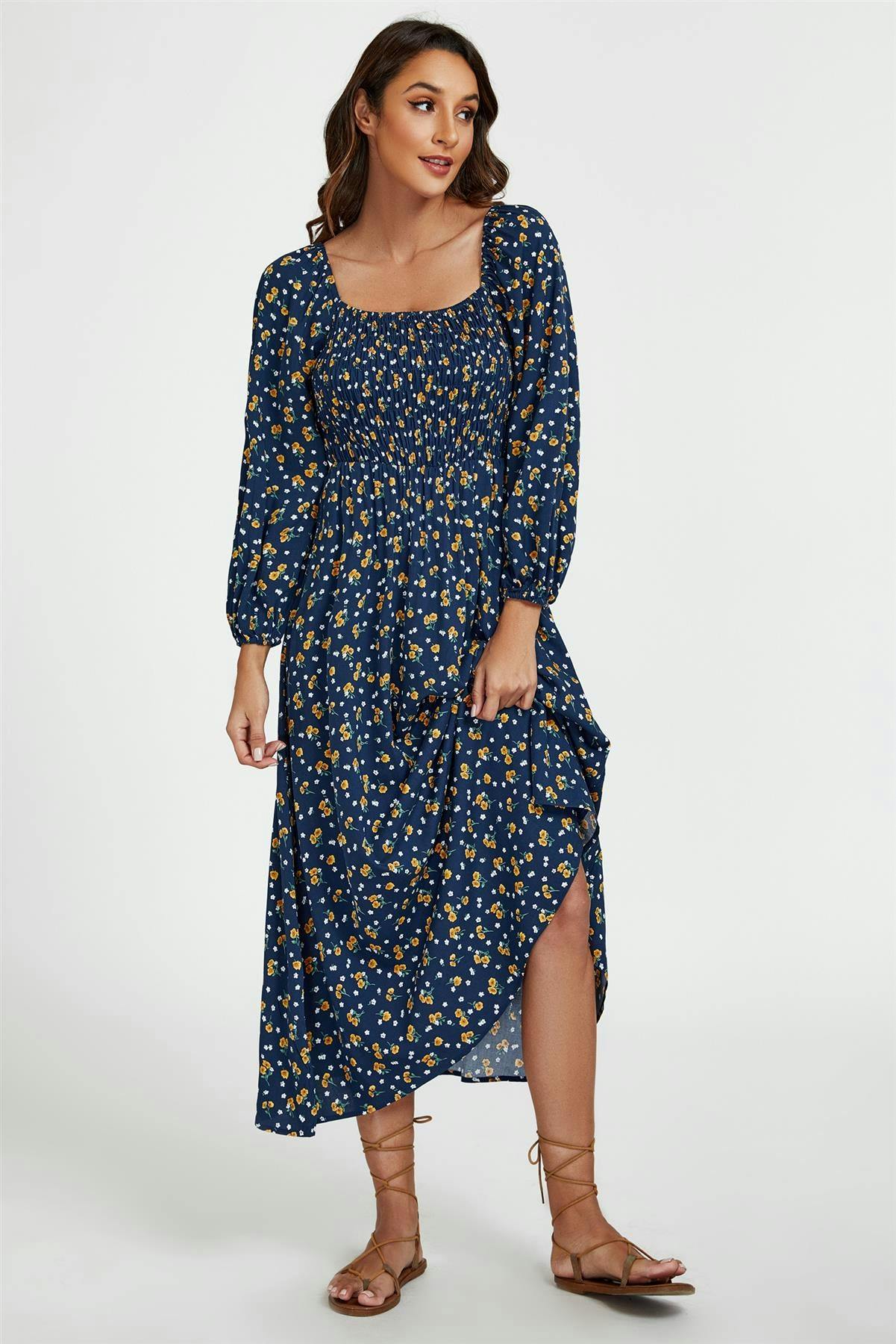 Fs Collection Women's Dark/Blue Floral Print Square Neck Maxi Dress In - L