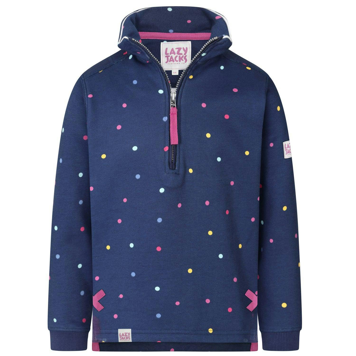 Lazy Jacks Girls Blue Polka Dot Quarter Zip Sweatshirt - 7-8 Years - 100% Cotton