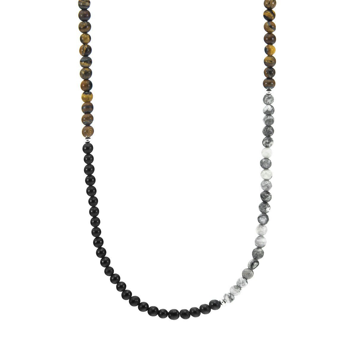Anchor & Crew Black/Onyx/Grey Jasper And Brown Tigers Eye Isaac Silver And Stone Skinny Necklace X Wrap Bracelet - L - 55Cm (N) / 19Cm (B) (3 Wrap)
