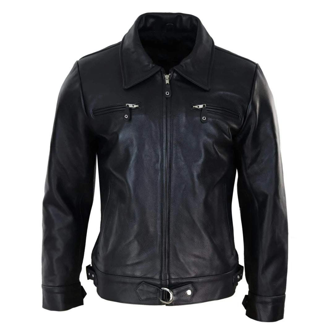 Infinity Leather Men's Black/Brown Leather Company Zip Box Jacket Classic Car Coat - 5XL
