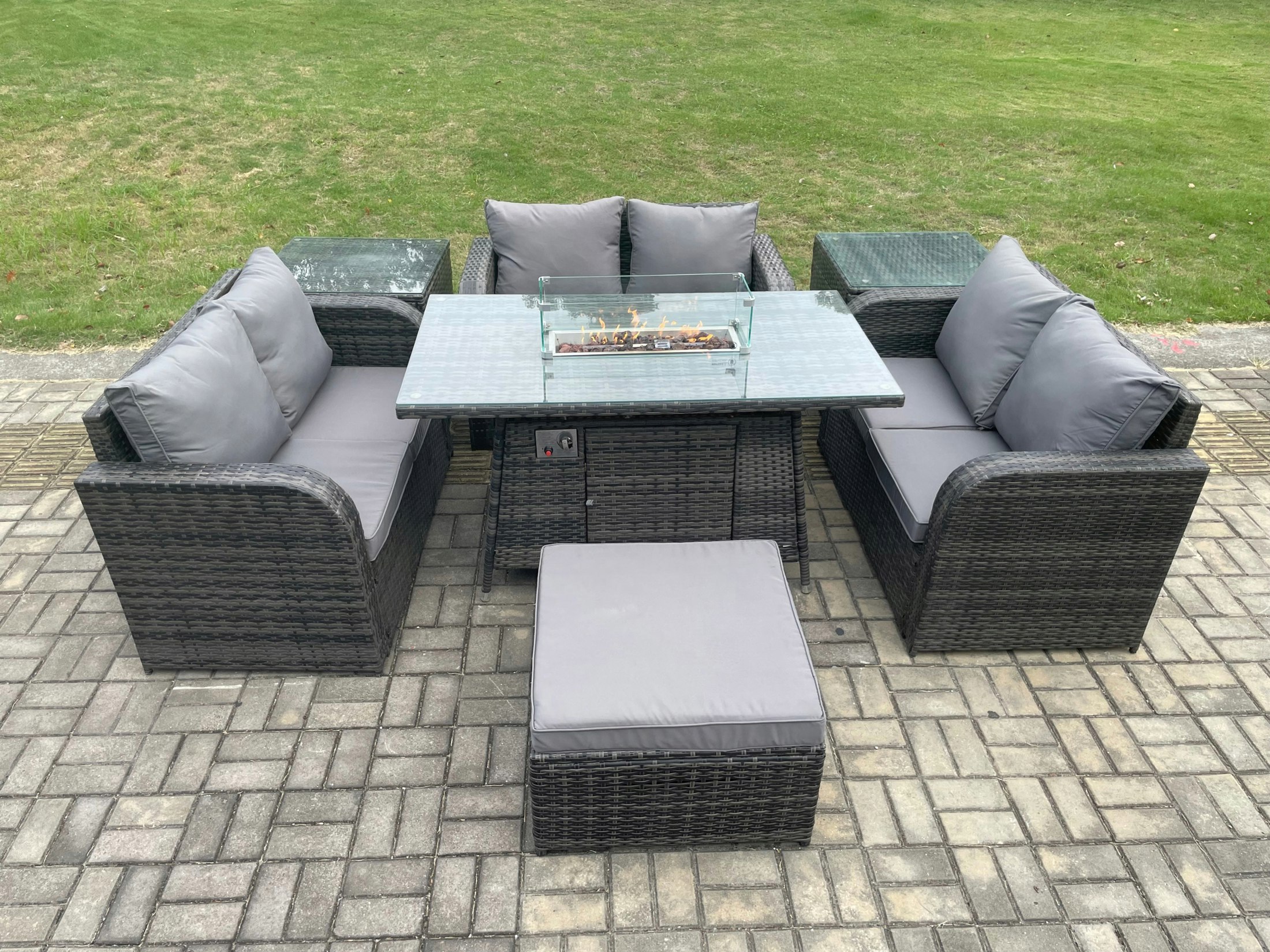 Rackhams Dark/Grey Rattan Outdoor Garden Furniture Sofa Set Gas Fire Pit Dining Table Gas Heater With 2 Side Tables Love Sofa Big Footstool Mixed