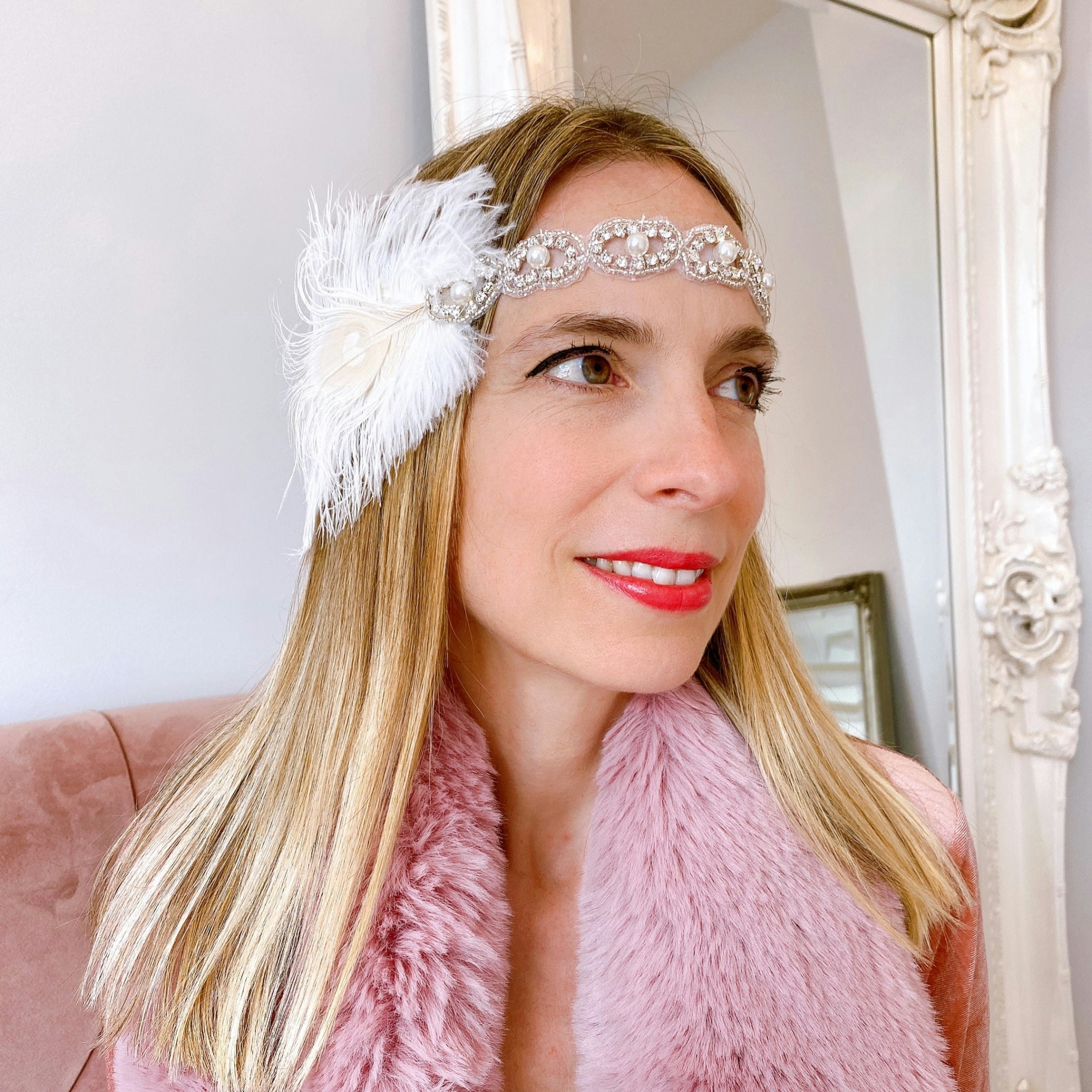 Queenmee Accessories White Gatsby Headpiece With Pearls