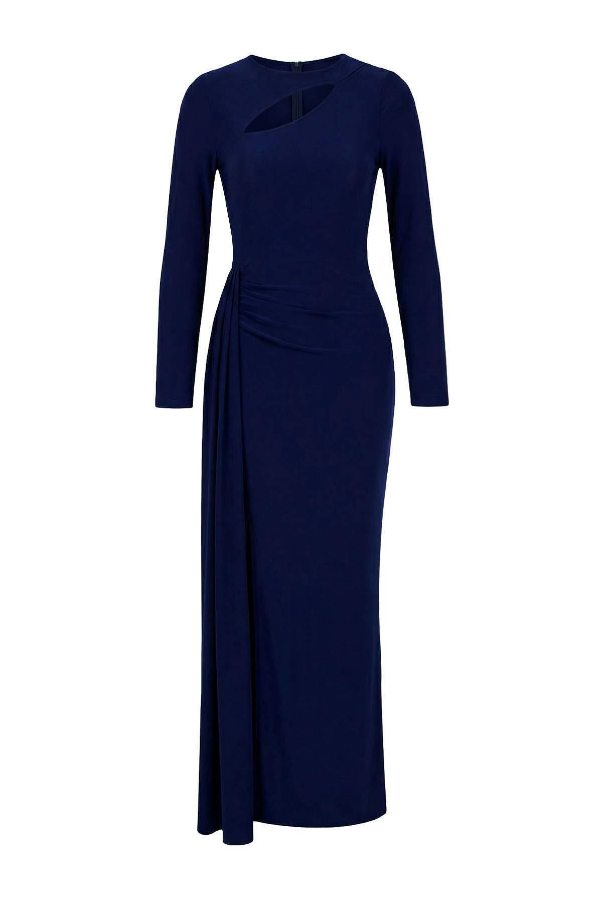 Wovcor Maxi Evening Dress With Neckline Cut Out Detail - Navy - 8