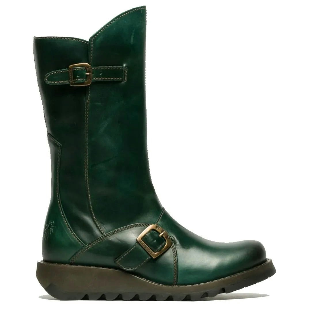 Fly London Women's Green Mes2913 - Wedge Heel Buckle Mid Calf Leather Boots - Uk 4