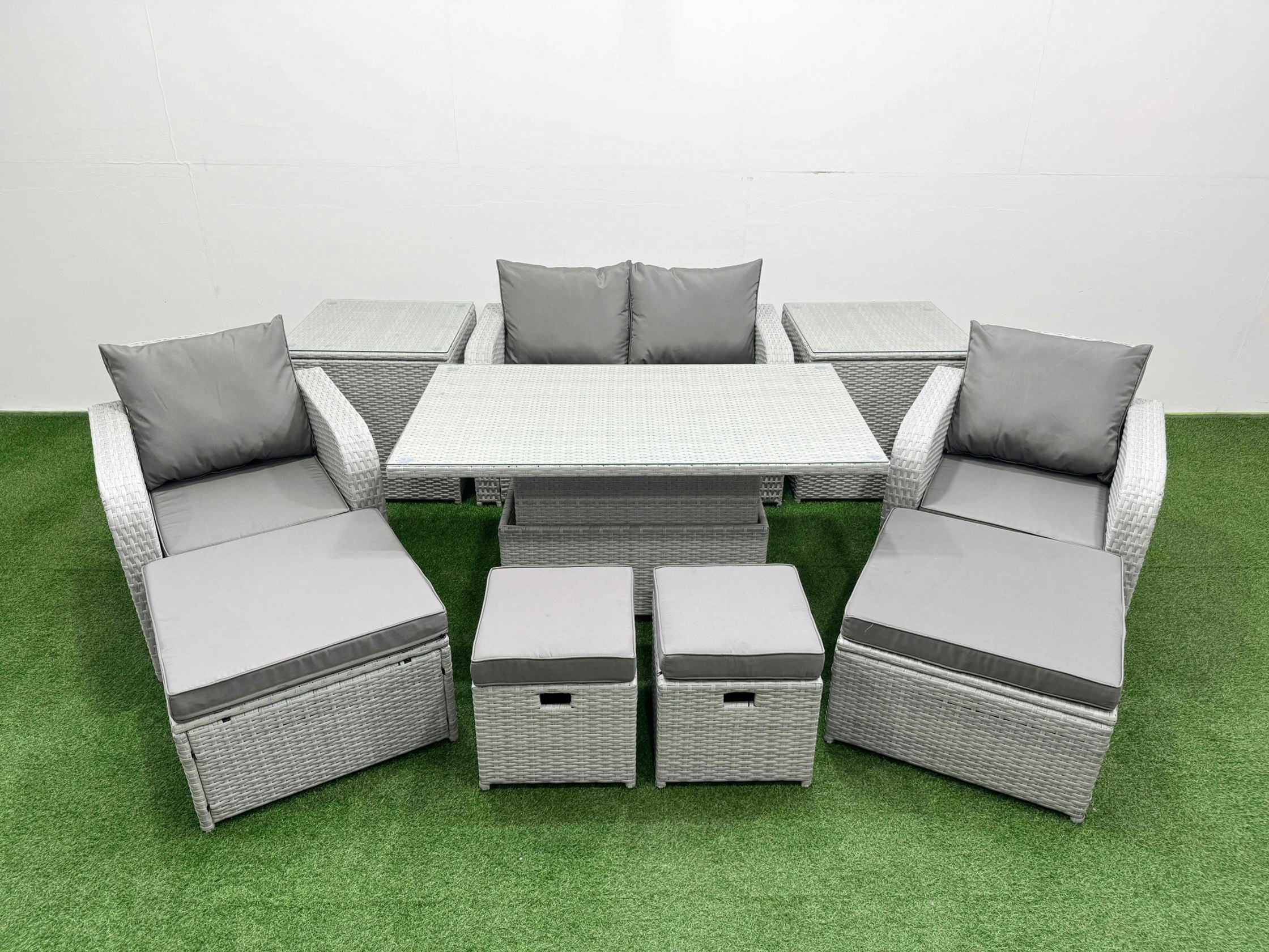 Rackhams Light/Grey 10 Pcs Rising Dining Table Set Reclining Chair Inclining Love Sofa Seat 2 Big Footstool 2 Small Stool 2 Side Table