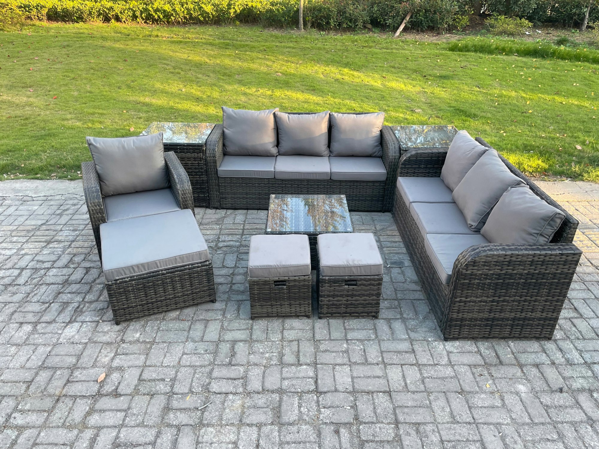 Rackhams Dark/Grey 10-Seater Rattan Outdoor Sofa Set | Reclining Chair, Coffee Table, 3 Footstools, 2 Side Tables