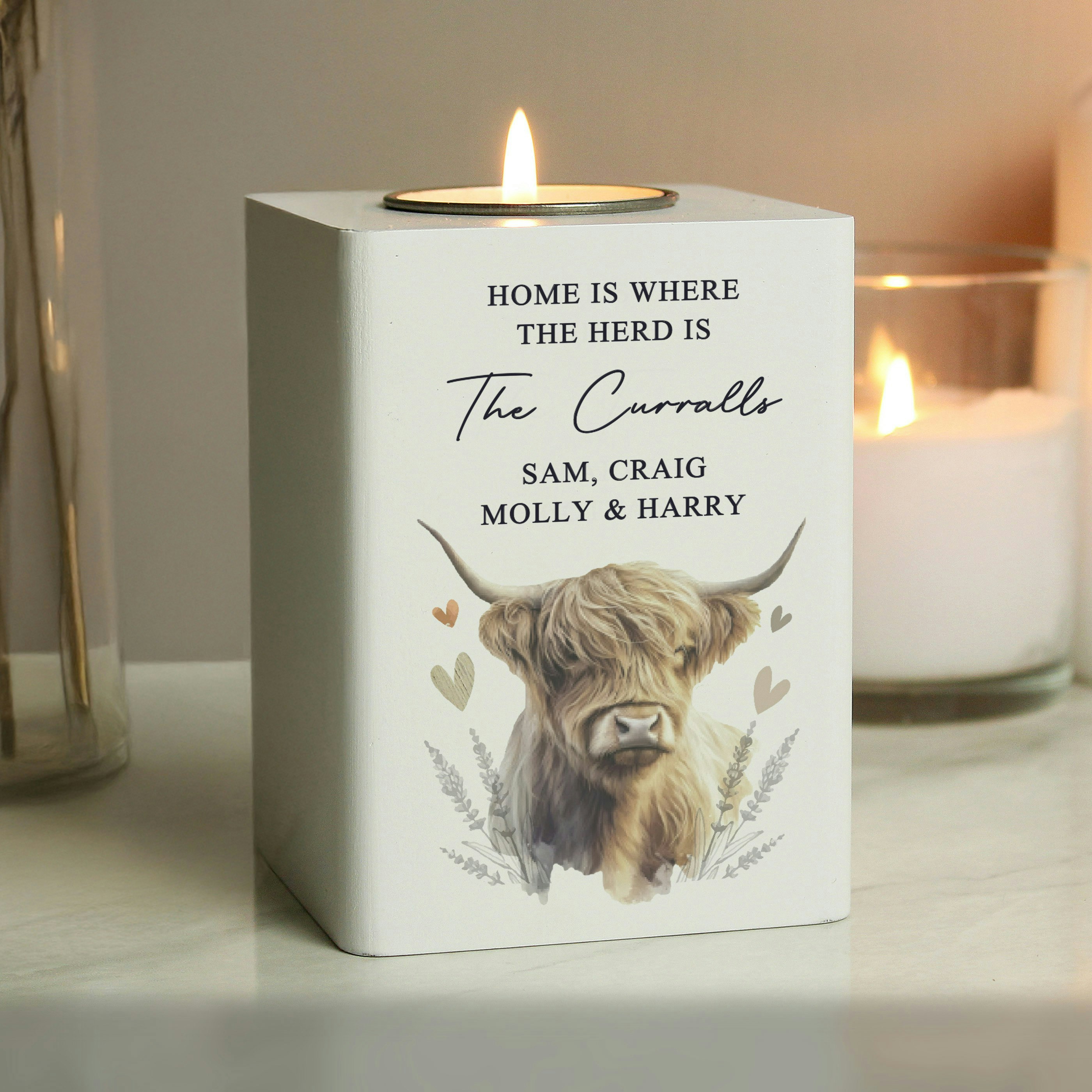 Rackhams White/Light Personalised Highland Cow Wooden Tea Holder
