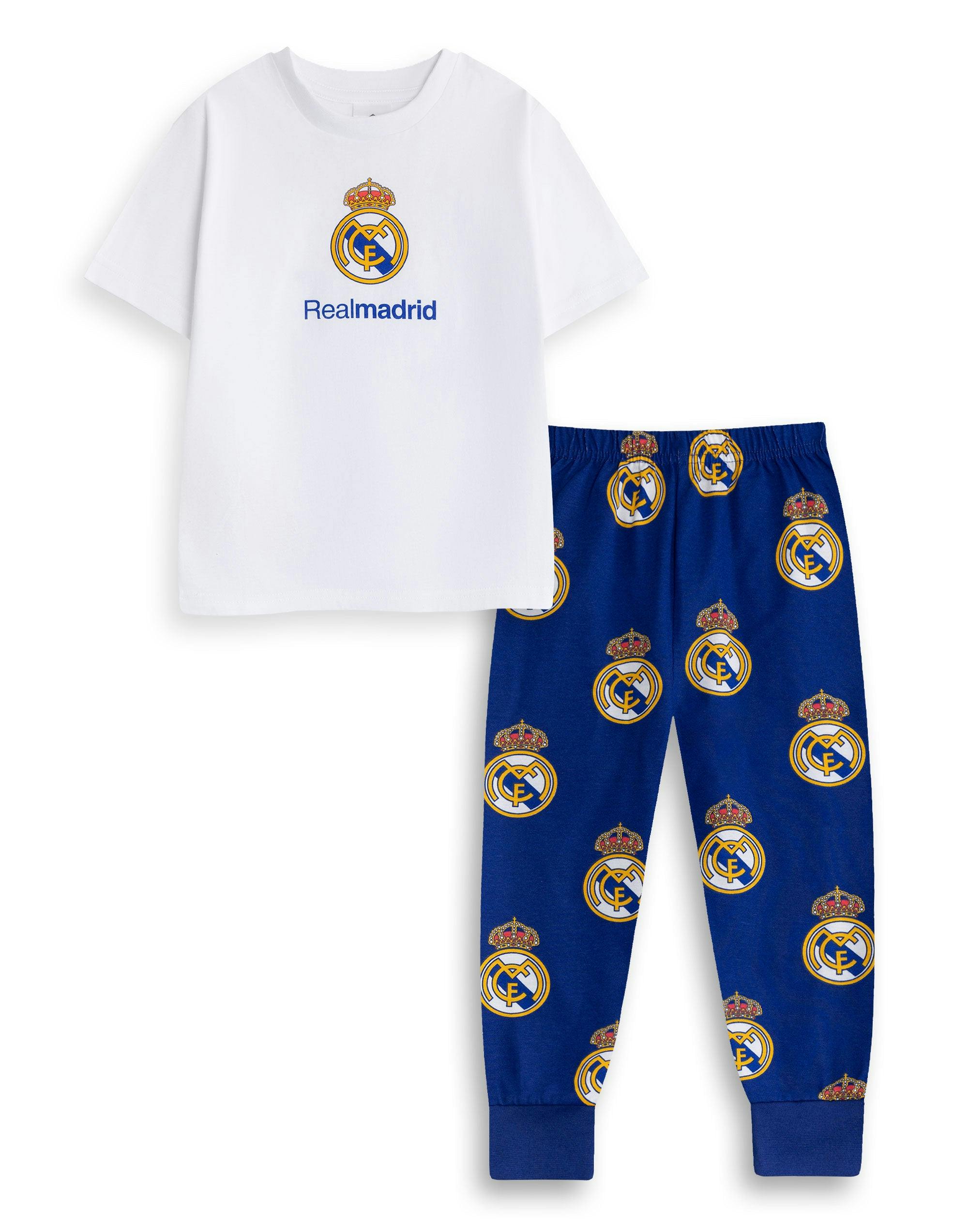 Vanilla Underground Boys White/Blue Real Madrid Multicoloured Logo Short Sleeve Long Leg Pyjama Set - 3-4 Years