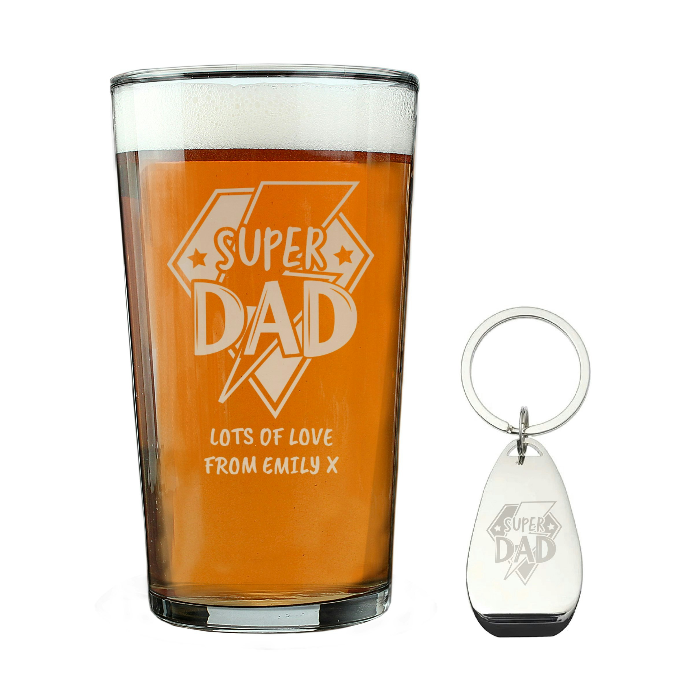 Rackhams Personalised Super Dad Pint Glass & Bottle Opener