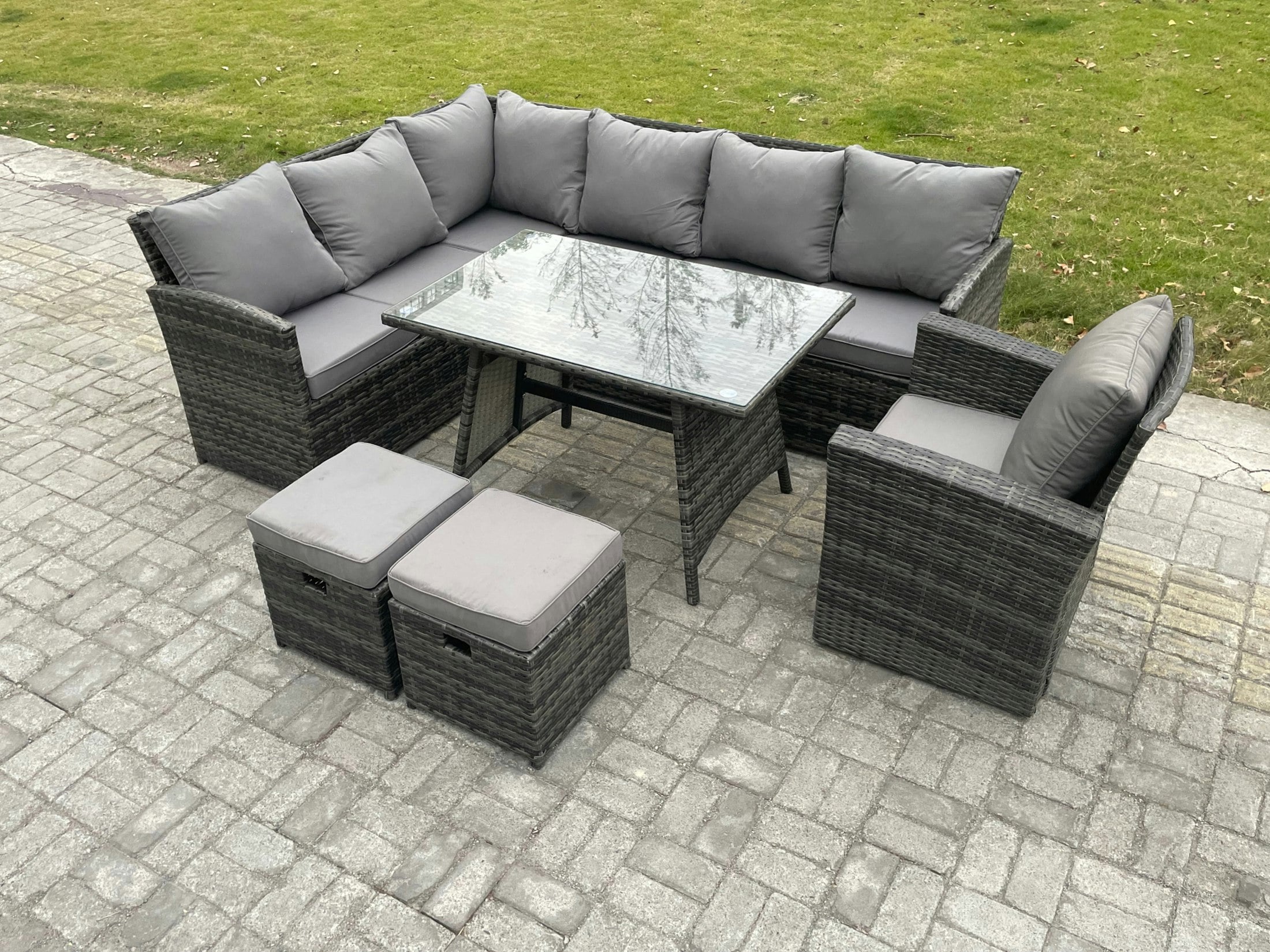 Rackhams Dark/Grey Wicker Rattan Garden Furniture Corner Sofa Set With Oblong Dining Table 2 Small Footstools Chair 9 Seater Outdoor Rattan Set Mixed