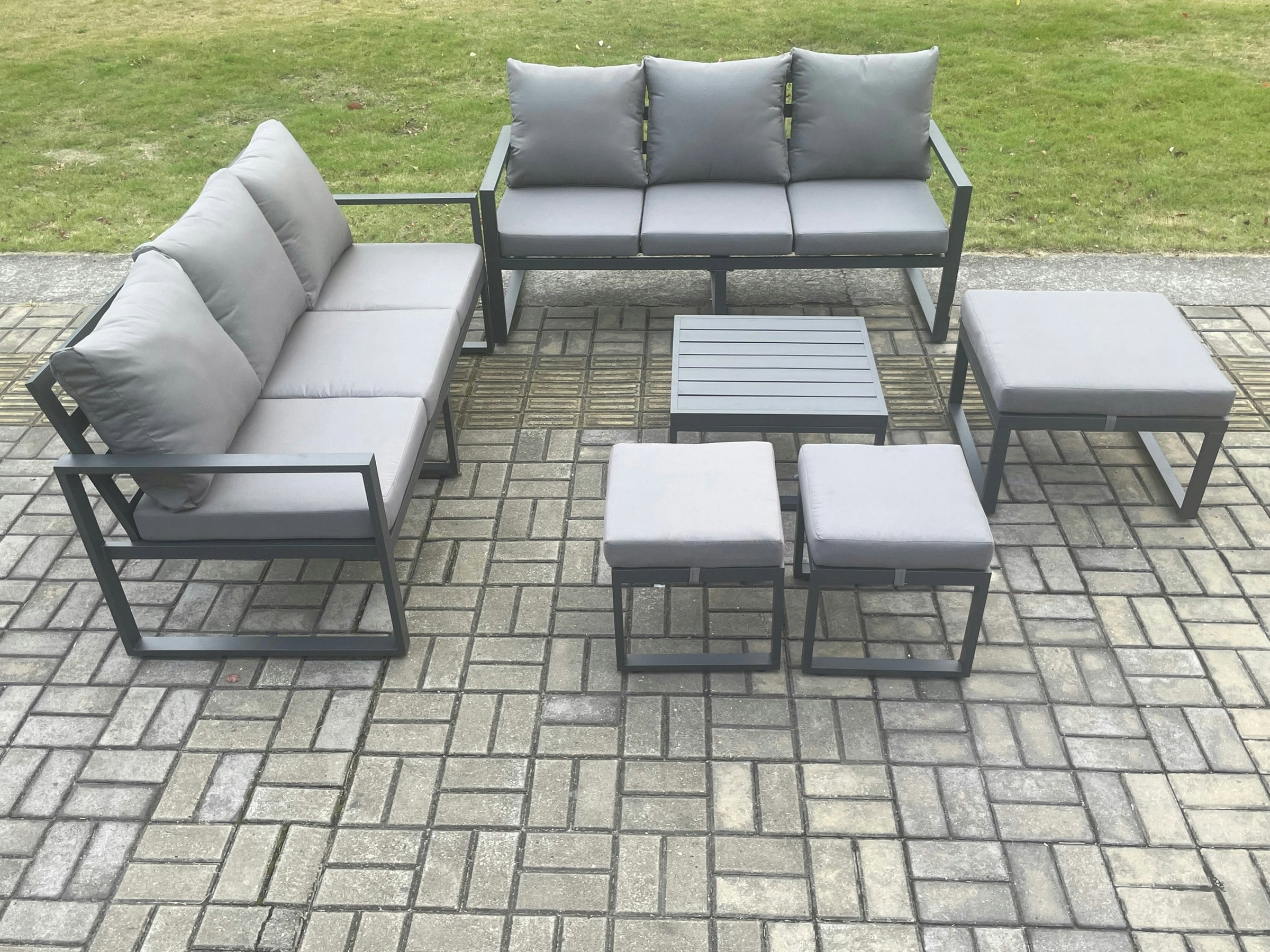 Rackhams Dark/Grey Aluminium 9 Seater Outdoor Garden Furniture Lounge Sofa Set With Square Coffee Table 3 Footstools