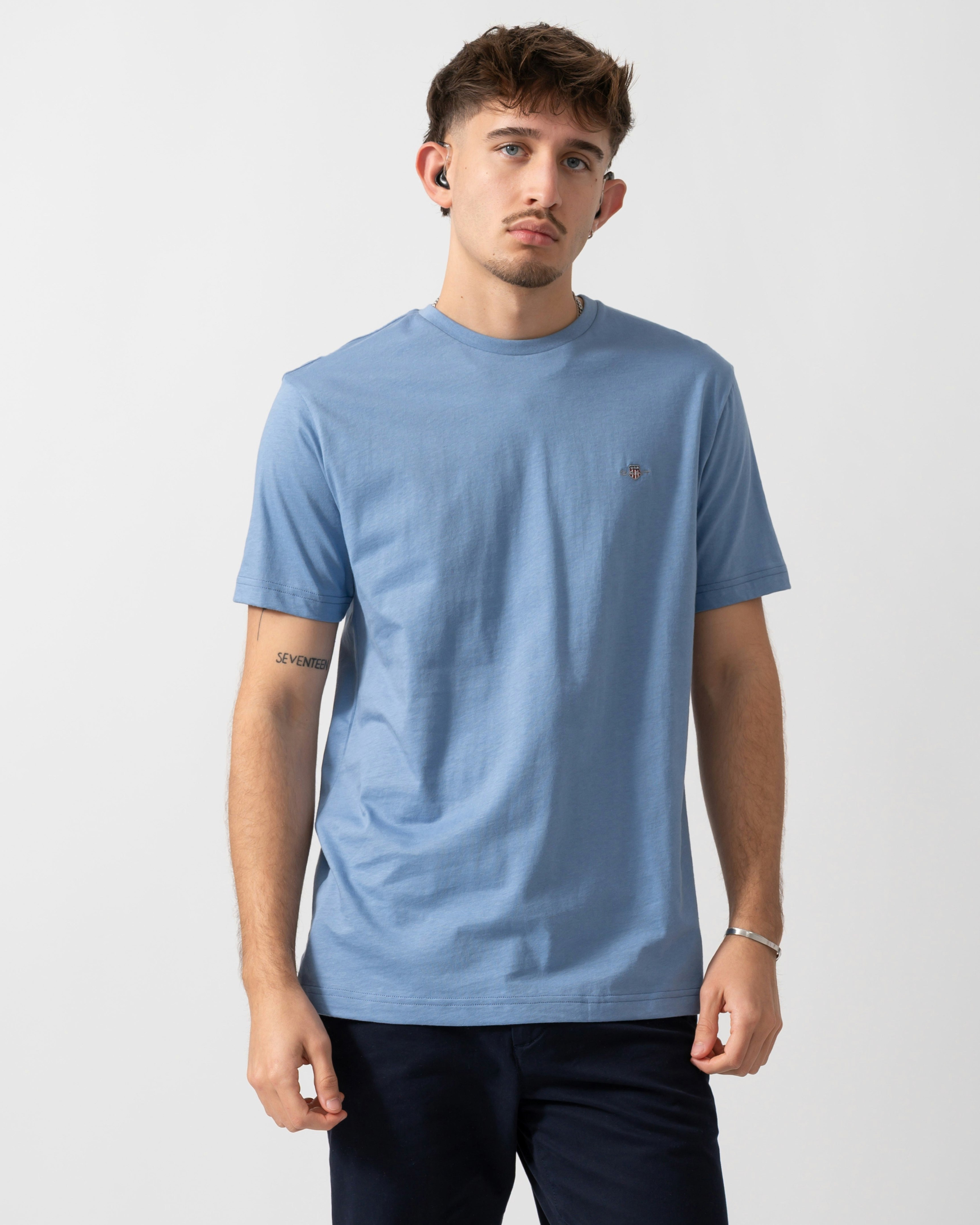 Gant Men's Blue Regular Fit Short Sleeve Shield Logo T-Shirt - 430 Faded Denim - 430 Faded Denim - Xxl