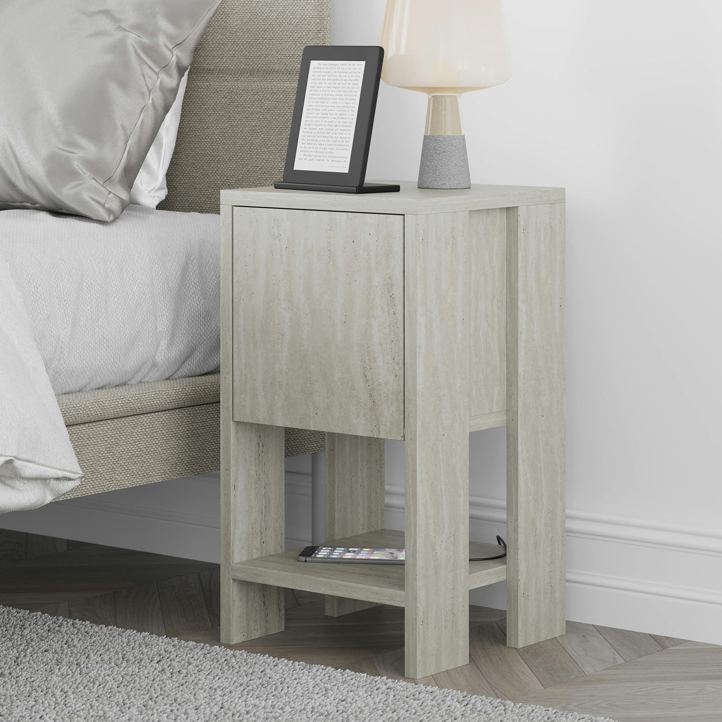 Decortie Ema Modern Bedside Table With Storage Drop-Door Cabinet 30Cm Width - Travertine