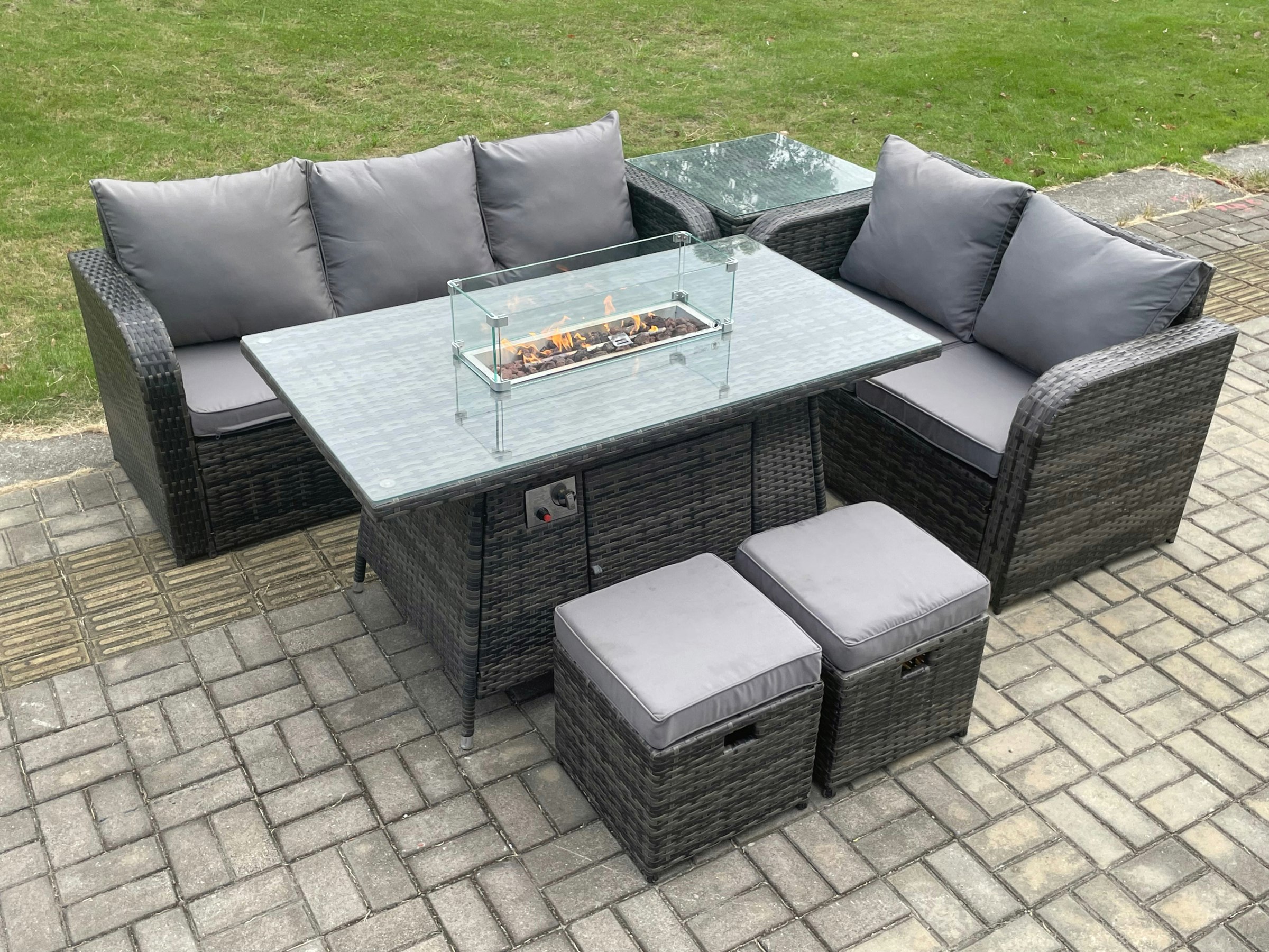 Rackhams Pe Wicker Outdoor Rattan Garden Furniture Set Propane Gas Fire Pit Table And Sofa Set With Side Table 2 Small Footstools