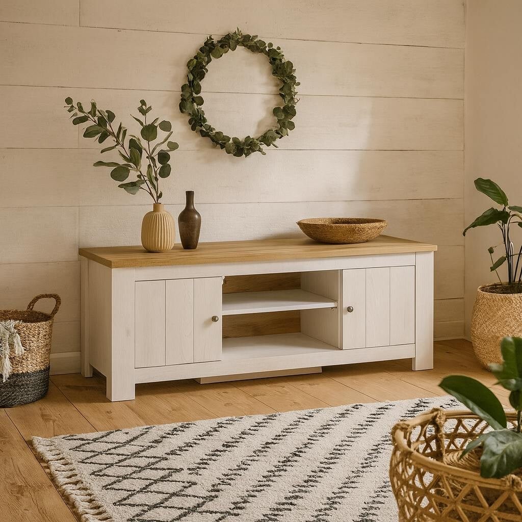 Wyld Haus White Tipsyfern 154Cm And Natural Oak Wood 2 Door Tv Unit